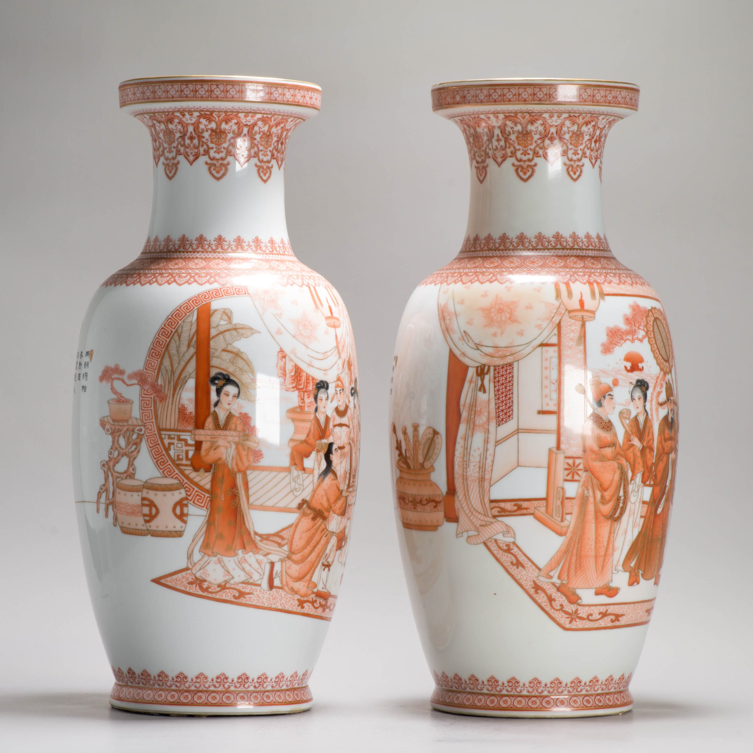 1970's Chinese porcelain ProC Vases Ladies in a Garden Qianlong Mark