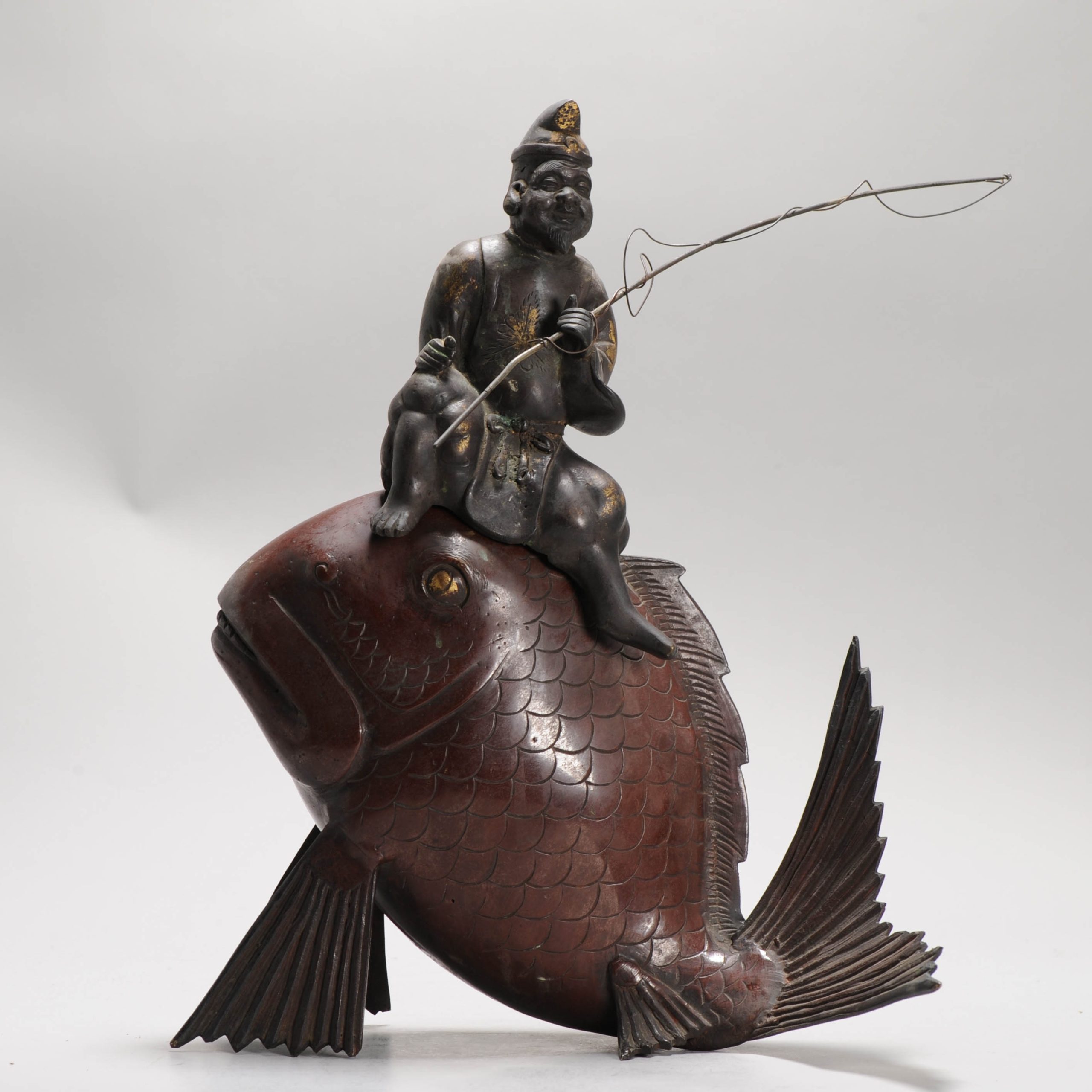 Antique Japanese Bronze / copper Statue Incense Burner Fisherman on a fish - 图片 13