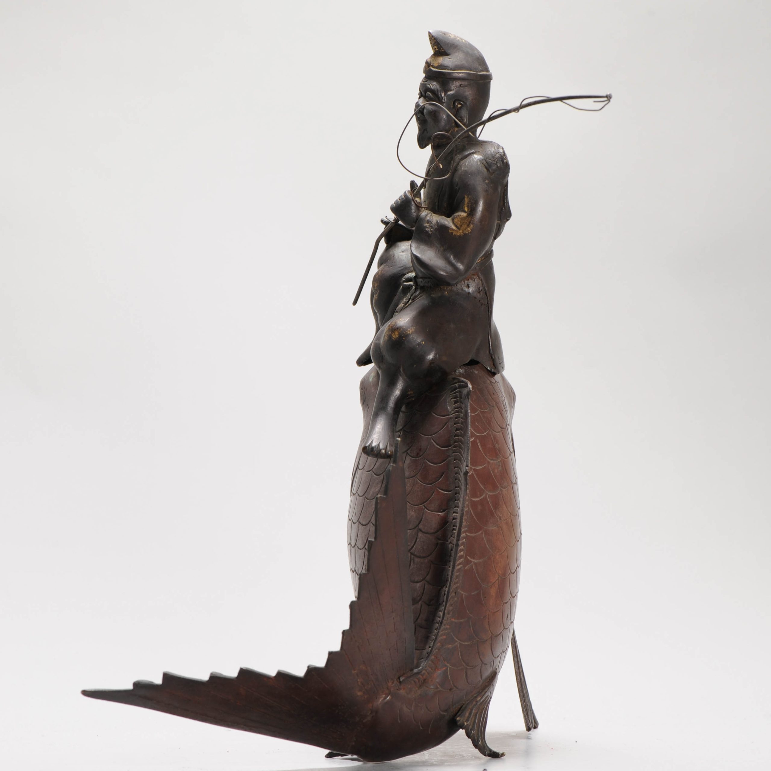 Antique Japanese Bronze / copper Statue Incense Burner Fisherman on a fish - 图片 9