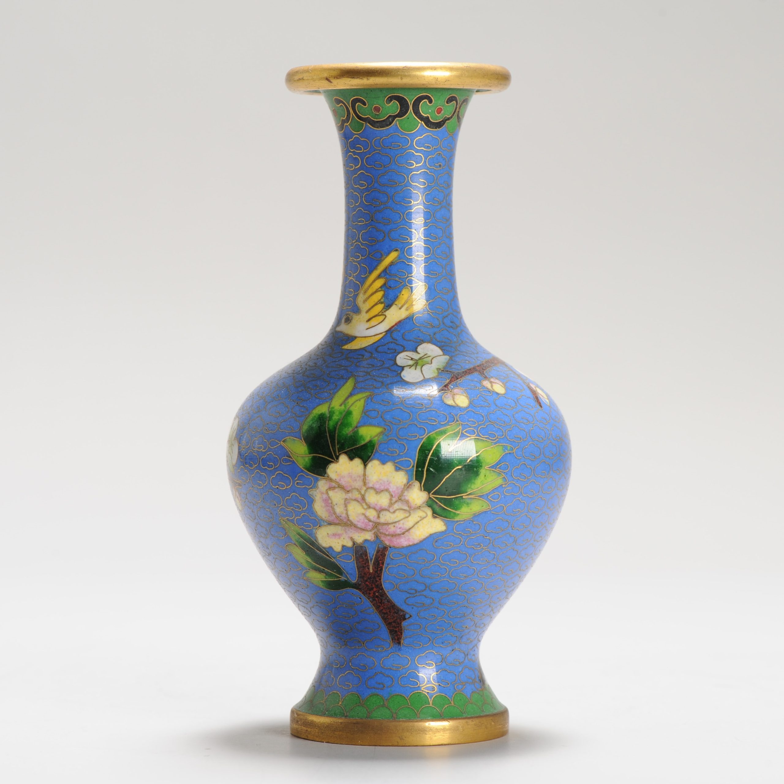 A Small round cloisonné Vase 20th c Chinese In nice color Bird Prunus Flower