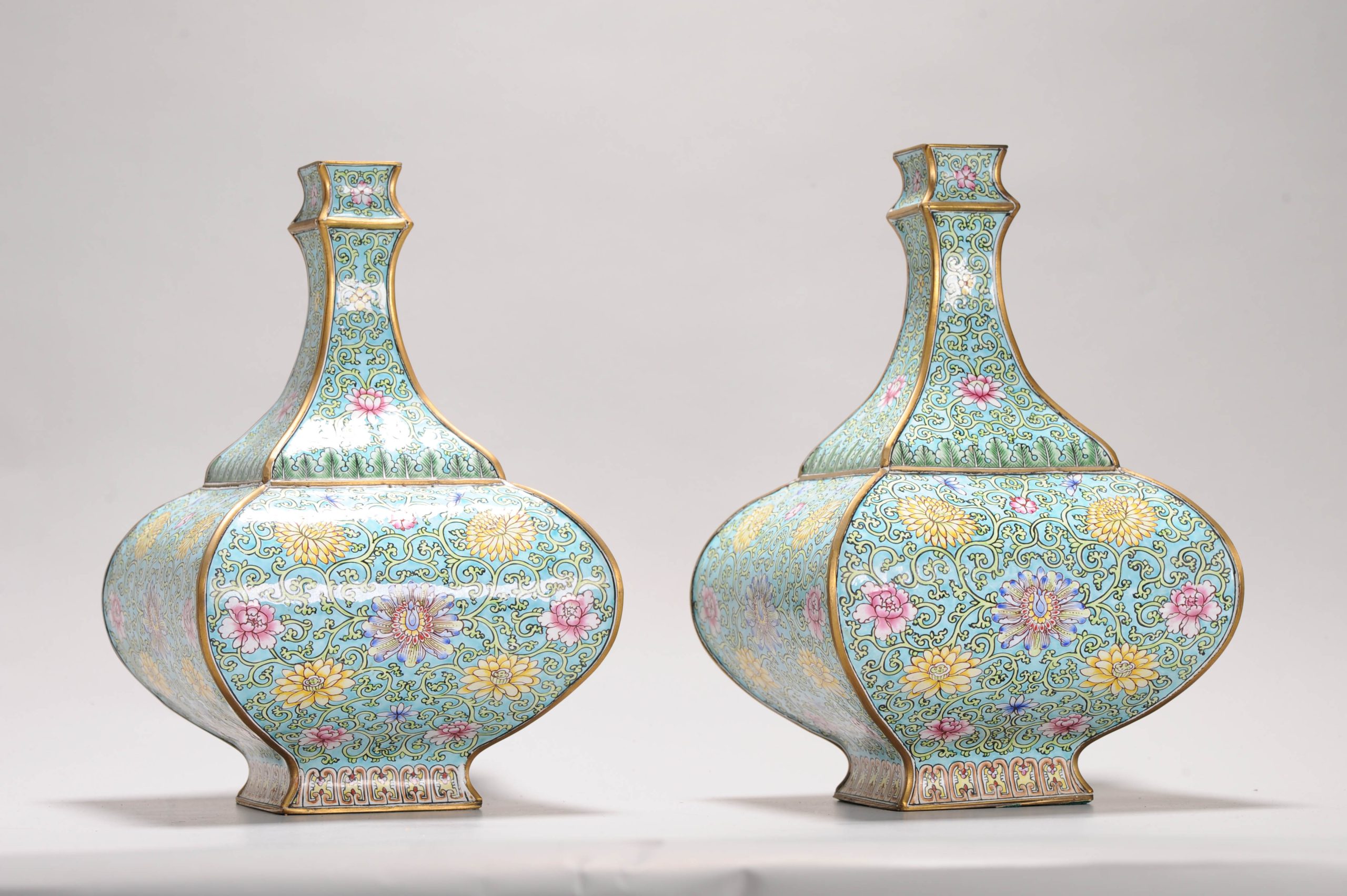 Antique 19th or 20th c Enamel Bronze Cantonese Vases Chinese China Flower - Image 9