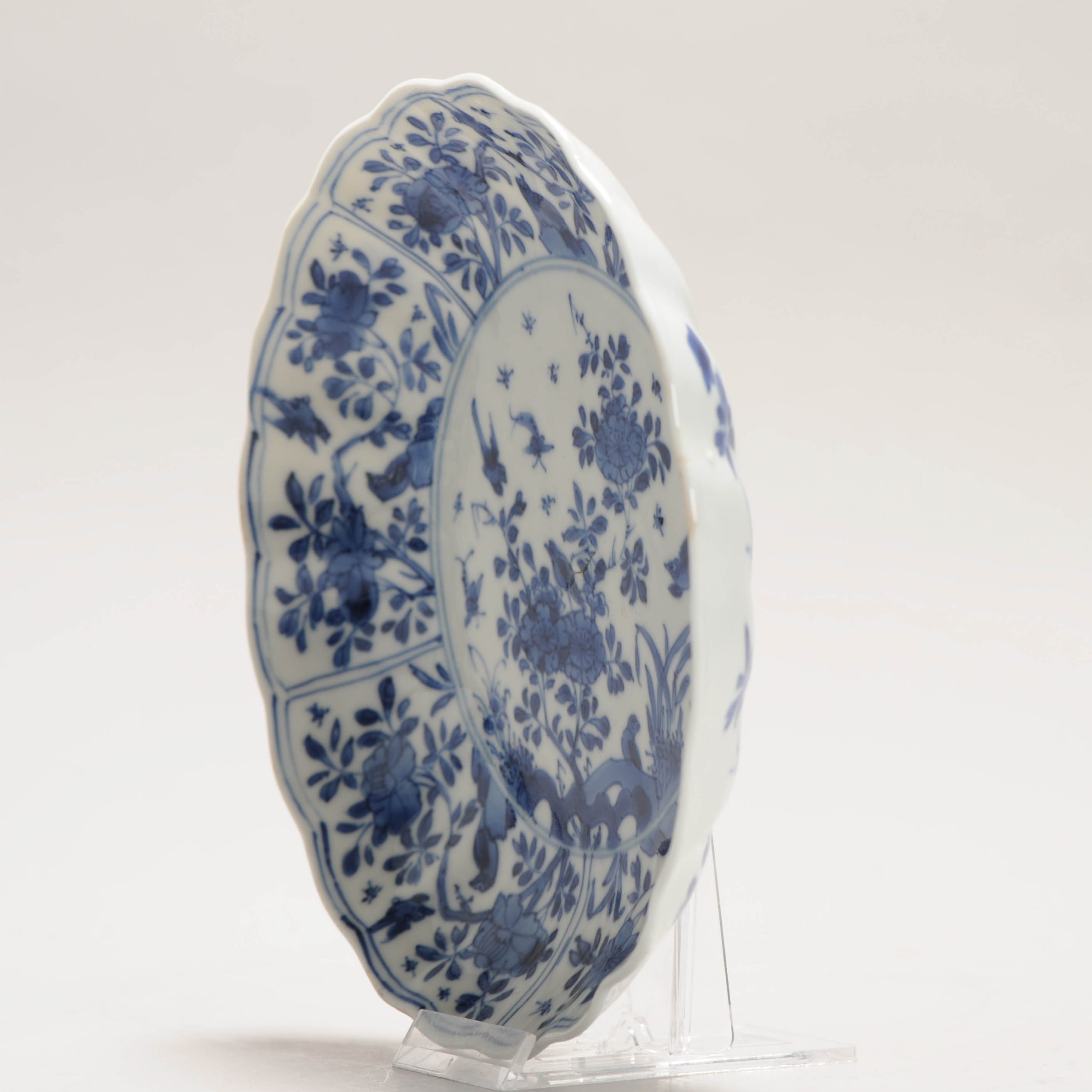 16.5CM Antique Chinese Ca 1700 Kangxi Chinese Porcelain Dish BIRDS FLOWERS - Image 3