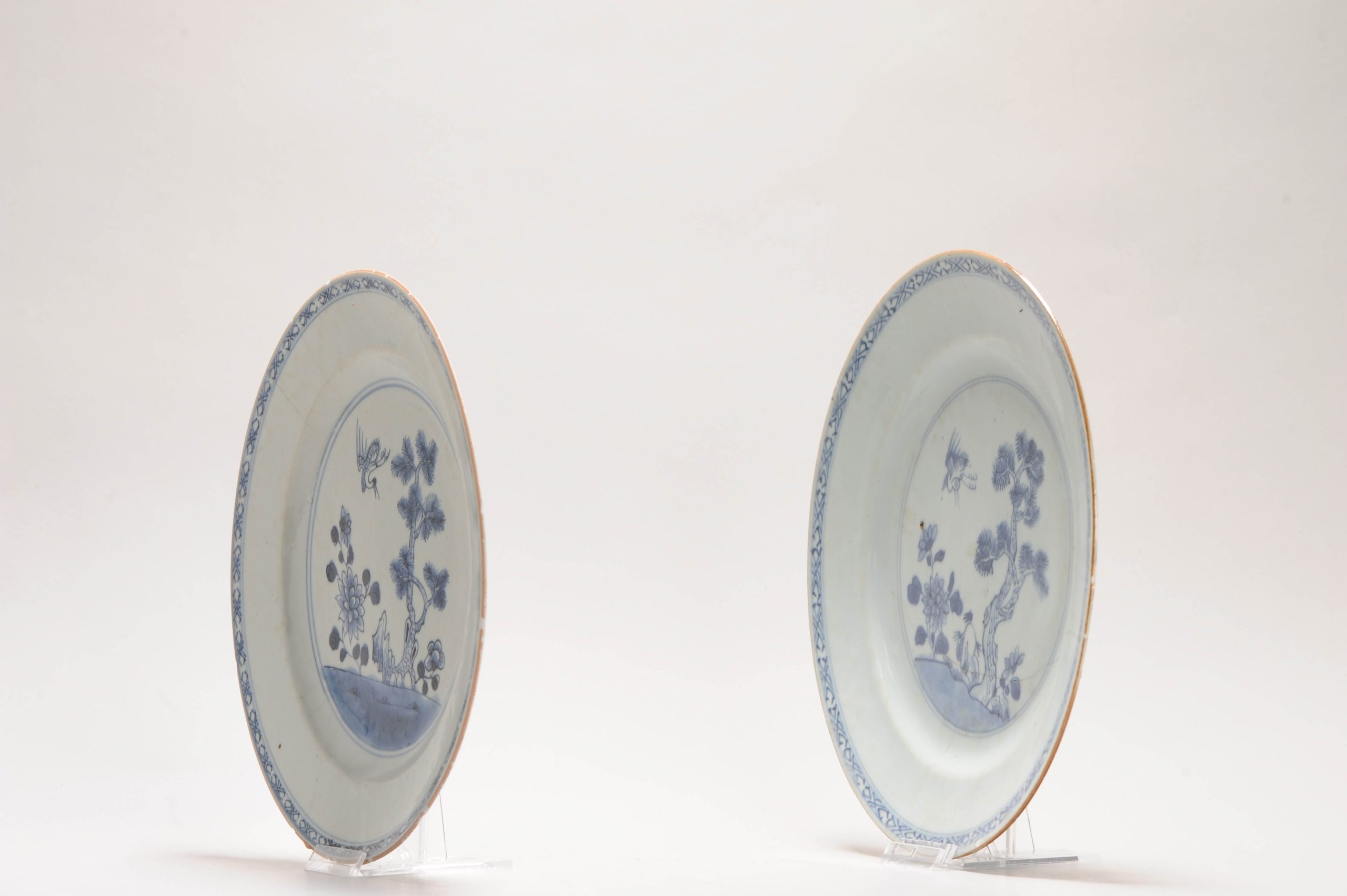 Pair Antique 18C Chinese Porcelain Qianlong Blue And White Crane and Pine Dinner Dishes - Image 11