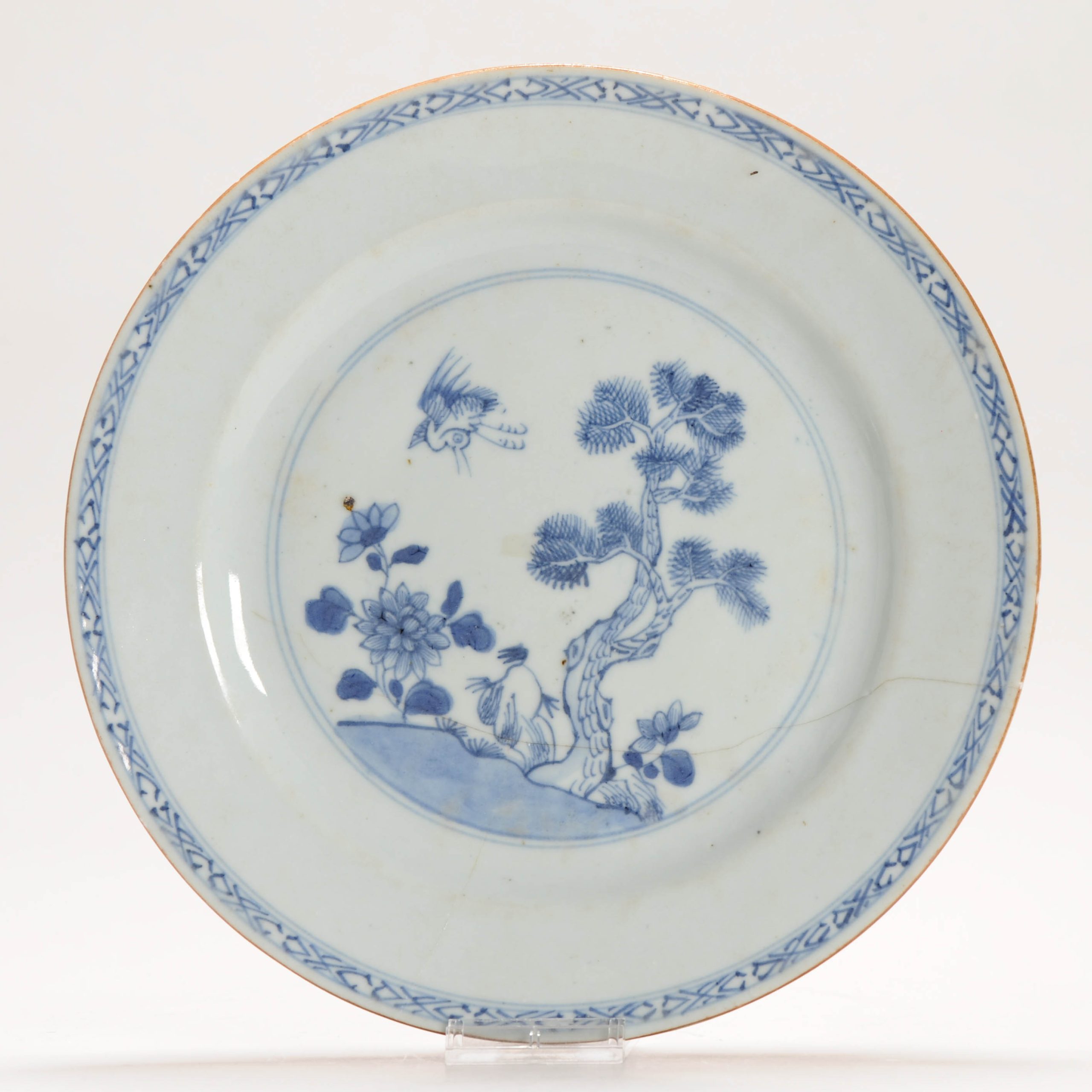 Pair Antique 18C Chinese Porcelain Qianlong Blue And White Crane and Pine Dinner Dishes - Image 14