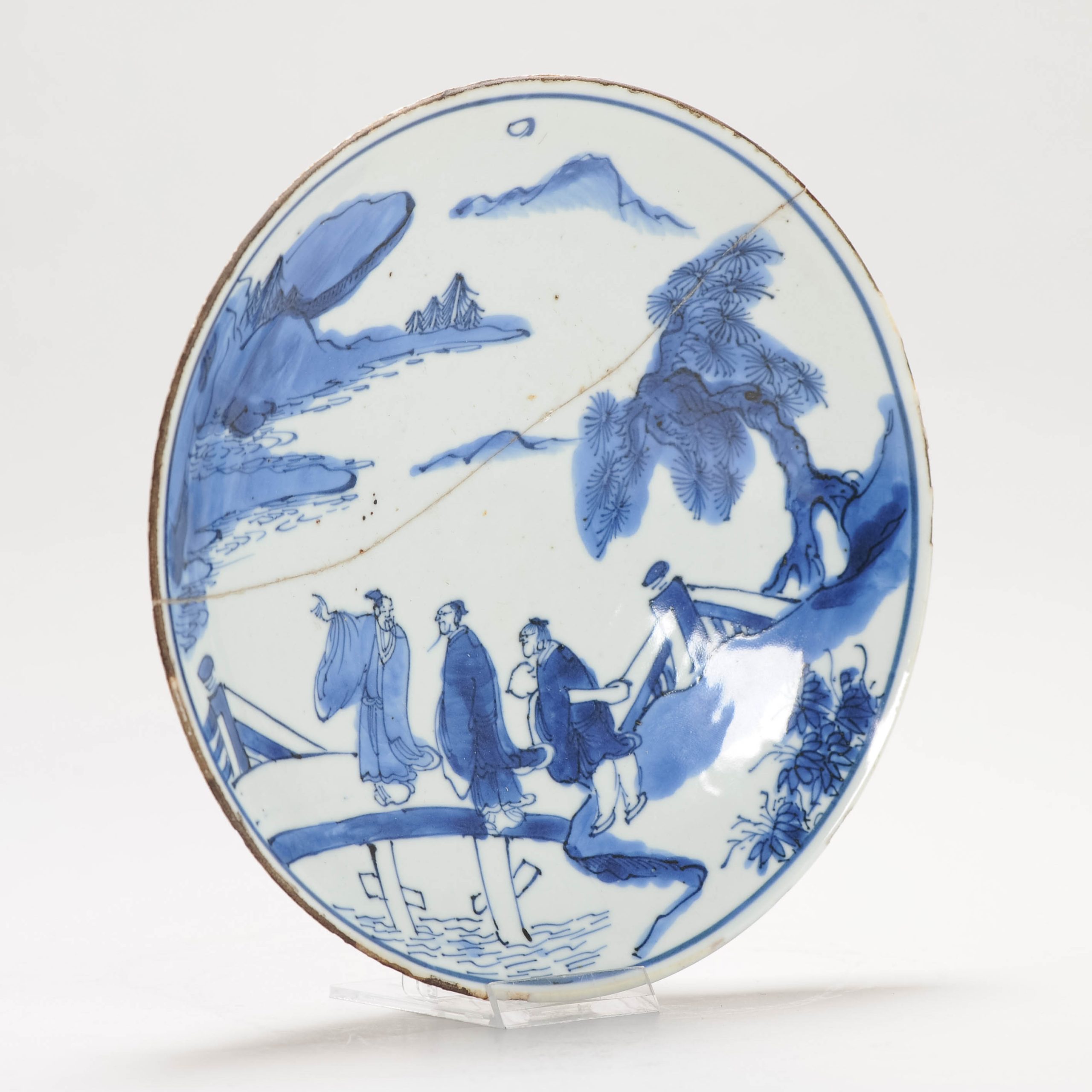 Antique Ming Period Chinese Porcelain Landscape Bridge Figural Dish Kosometsuke