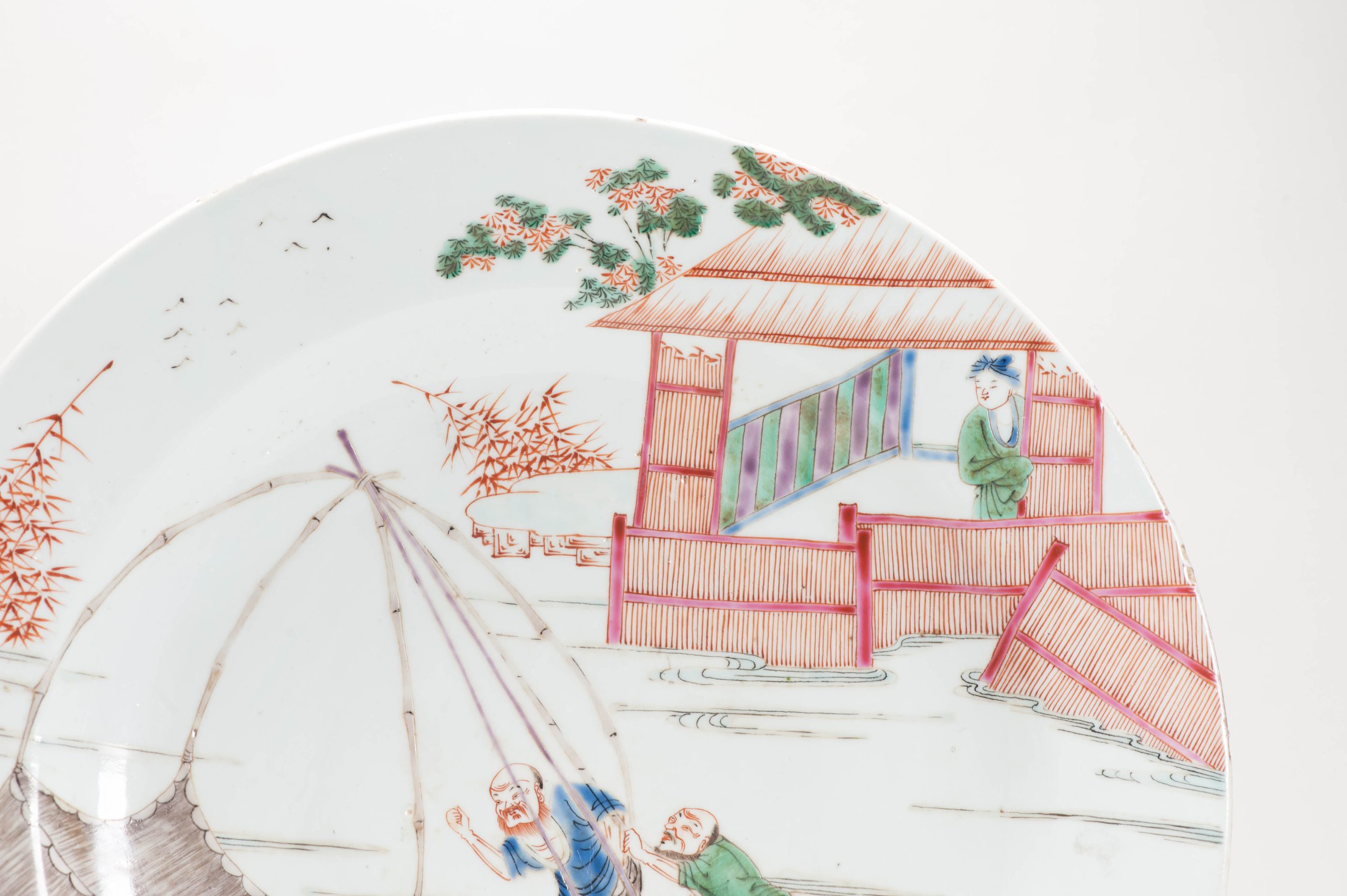 39CM Antique high quality Chinese 18C Fencai Yongzheng FISHERMAN Dish - Image 6