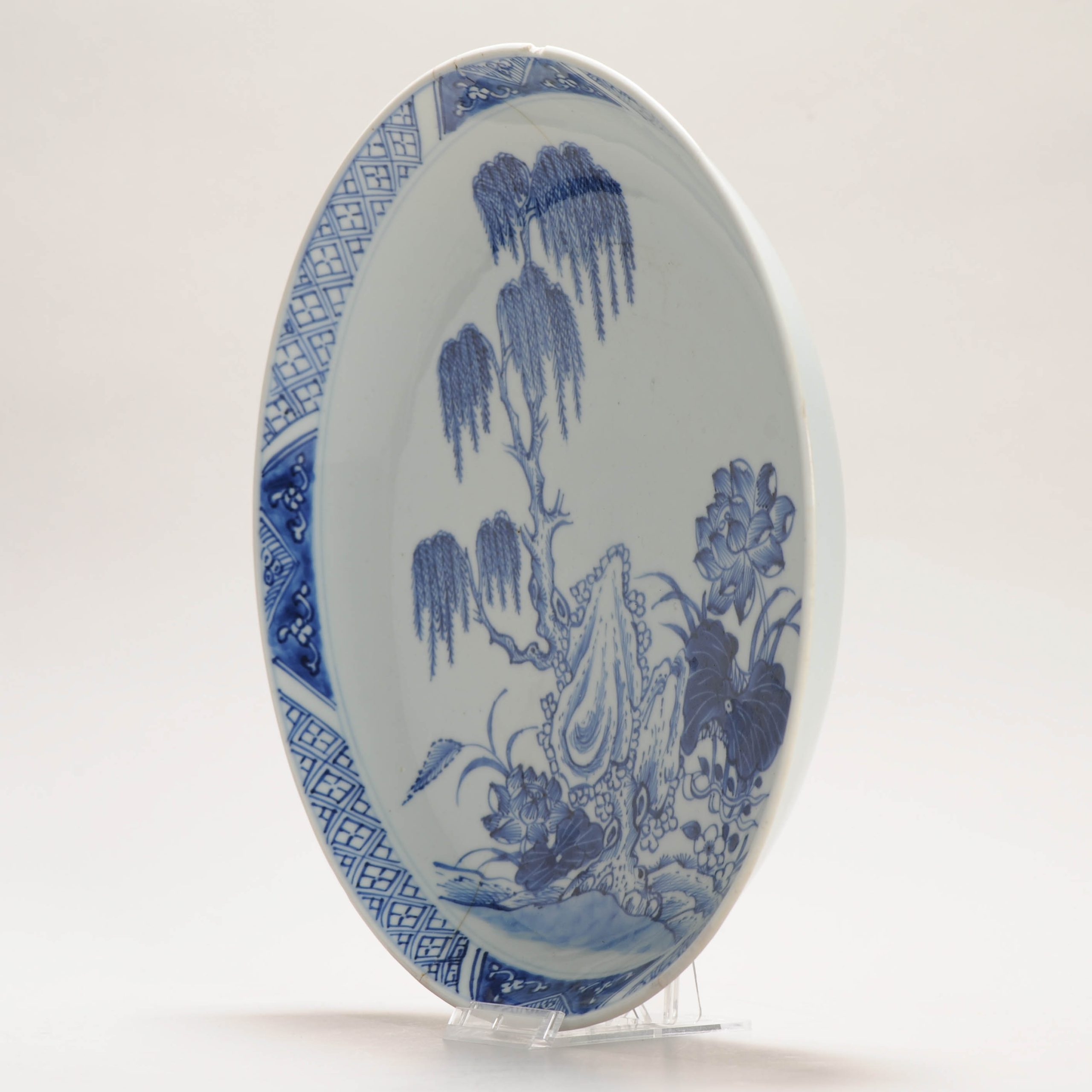 26CM Antique 18C Chinese Porcelain Qianlong Blue And White Plate Willow Tree - Image 13