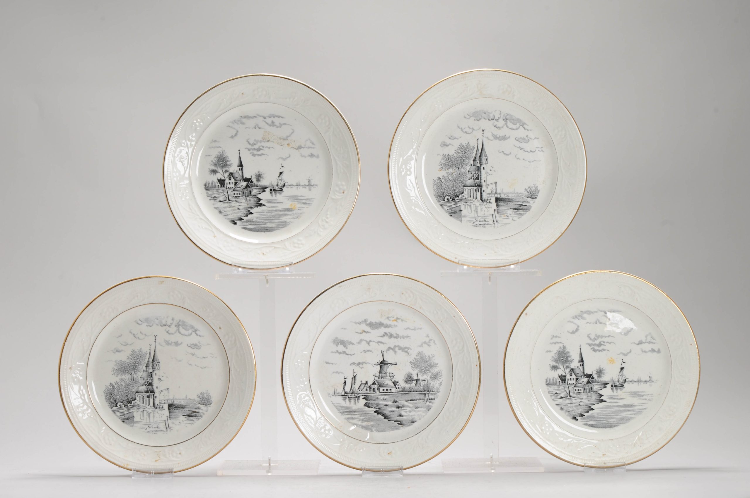 Set of #5 Antique 20th c european Regout dishes maastricht Landscapes