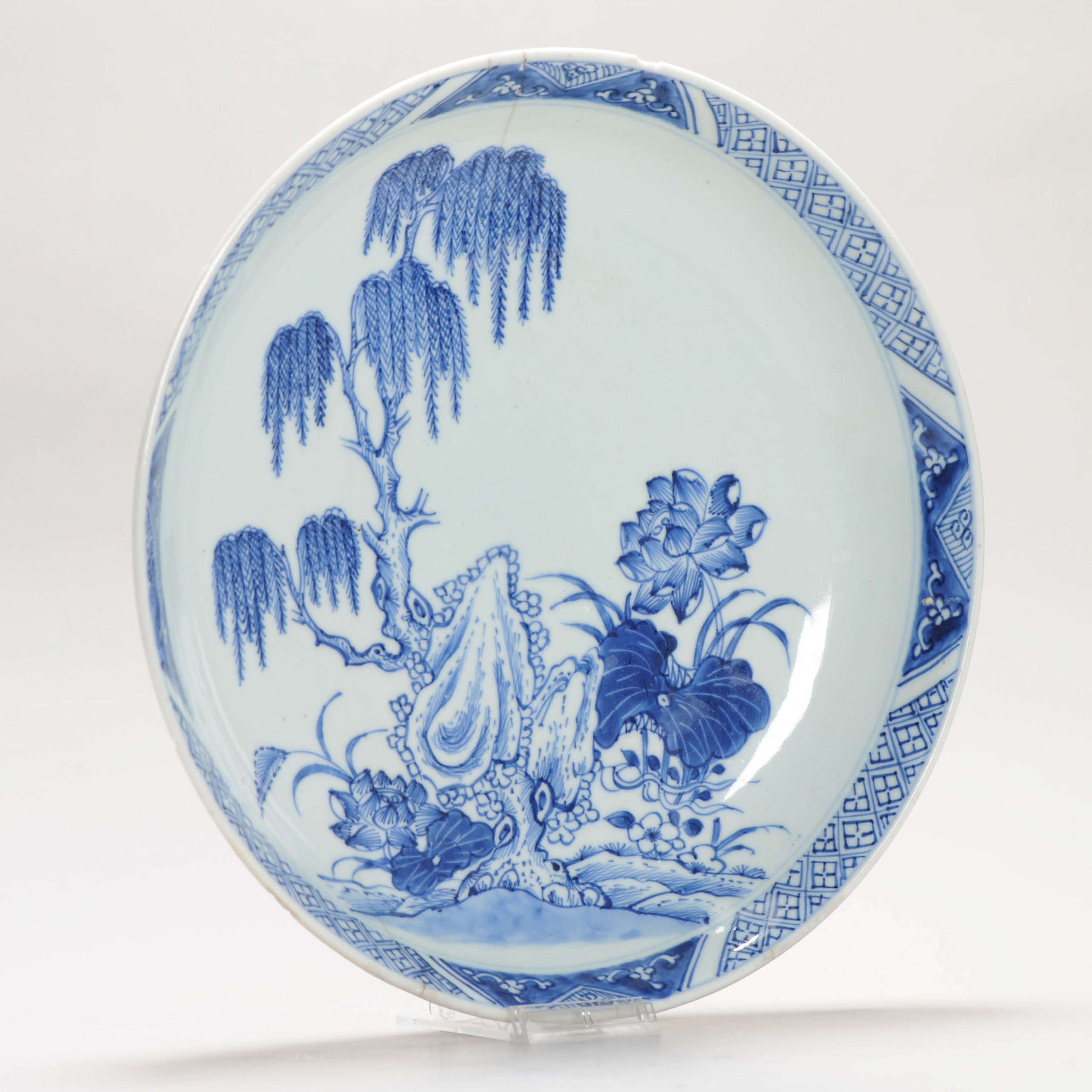 26CM Antique 18C Chinese Porcelain Qianlong Blue And White Plate Willow Tree - Image 4