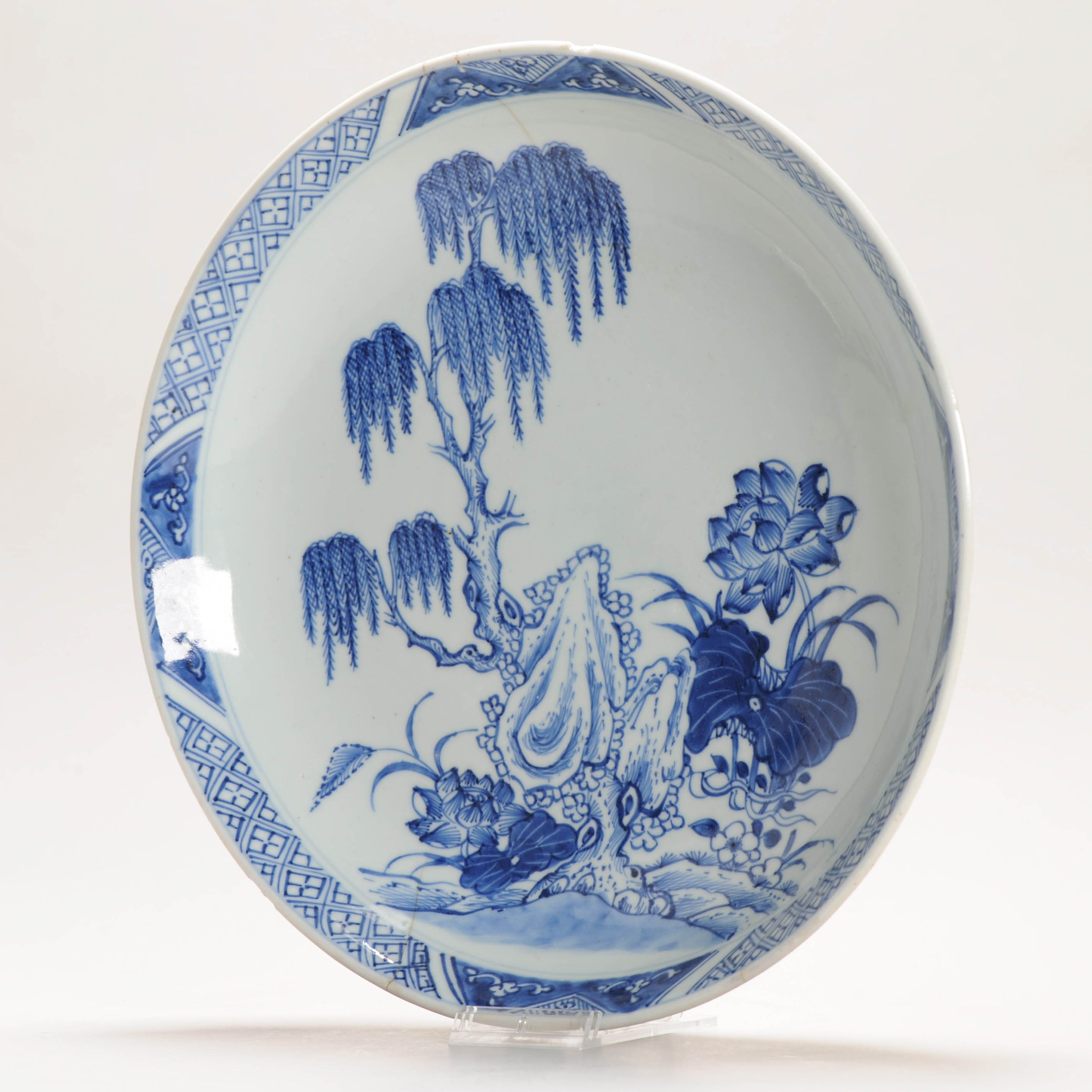 26CM Antique 18C Chinese Porcelain Qianlong Blue And White Plate Willow Tree - Image 14