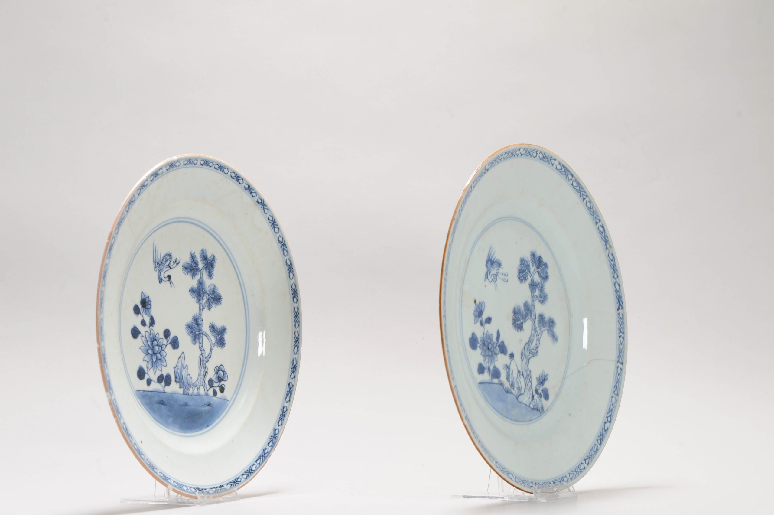 Pair Antique 18C Chinese Porcelain Qianlong Blue And White Crane and Pine Dinner Dishes - Image 3