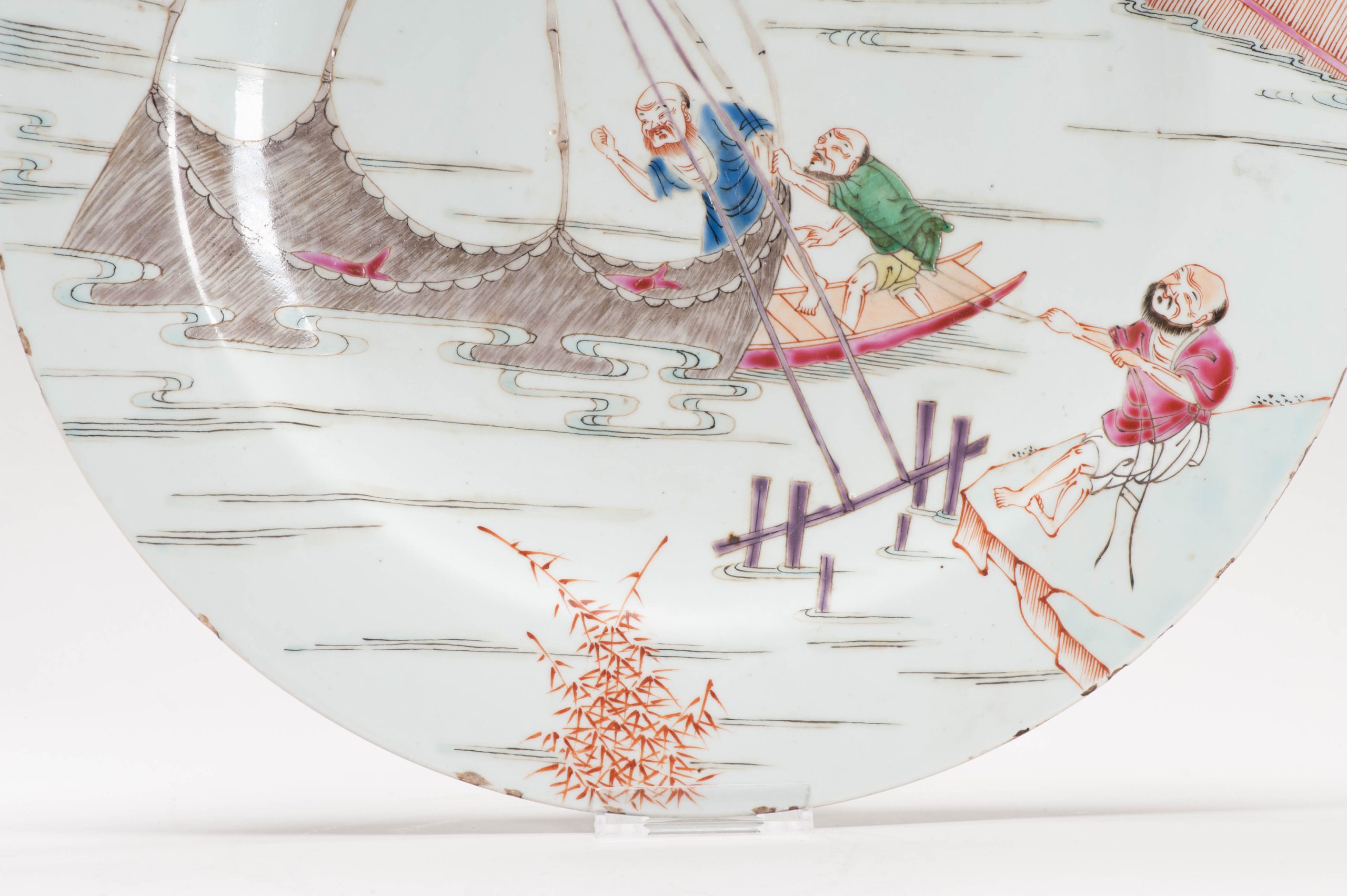 39CM Antique high quality Chinese 18C Fencai Yongzheng FISHERMAN Dish - Image 8