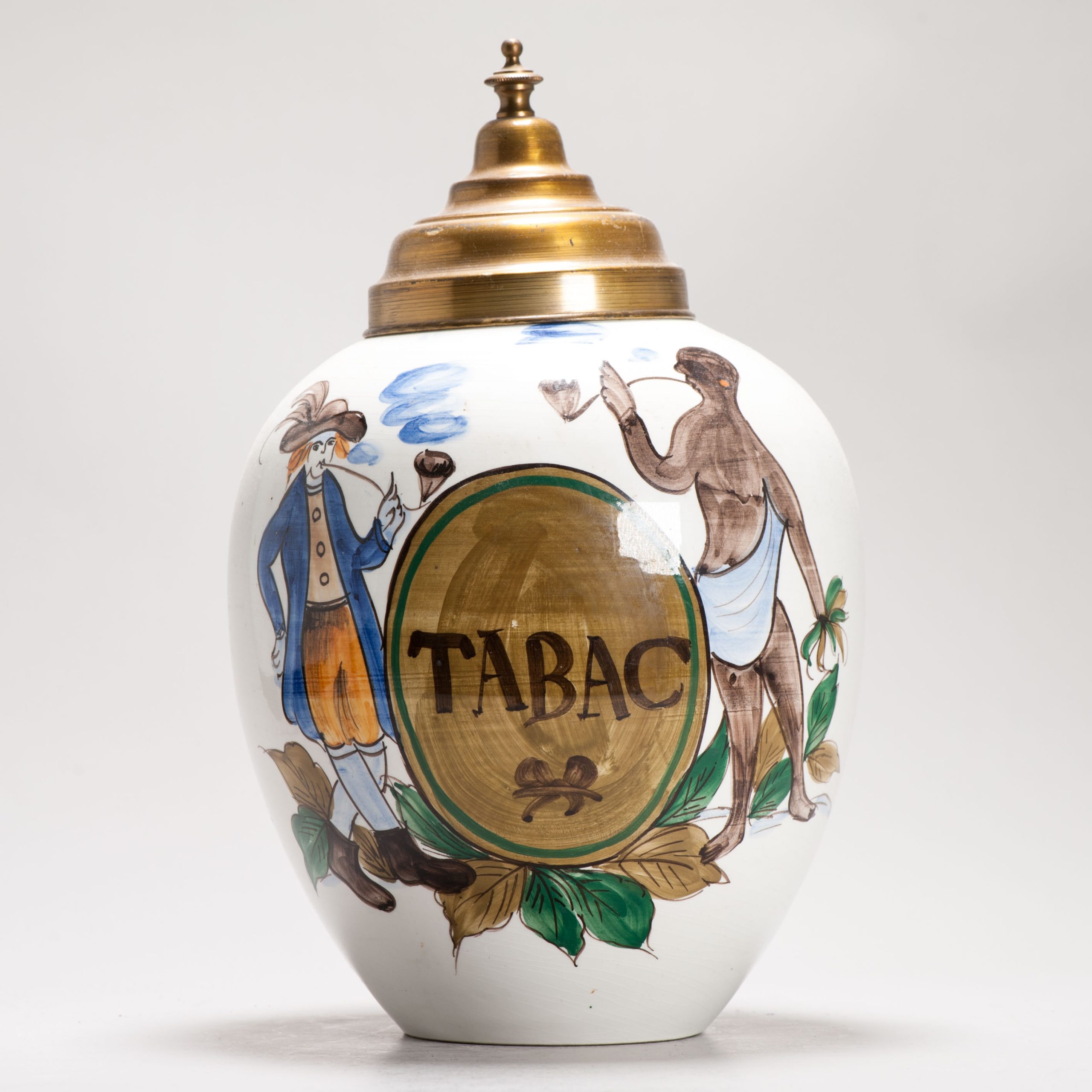 20th Century European Delft Polychrome Tobacco Jar “TABAC” Merchant