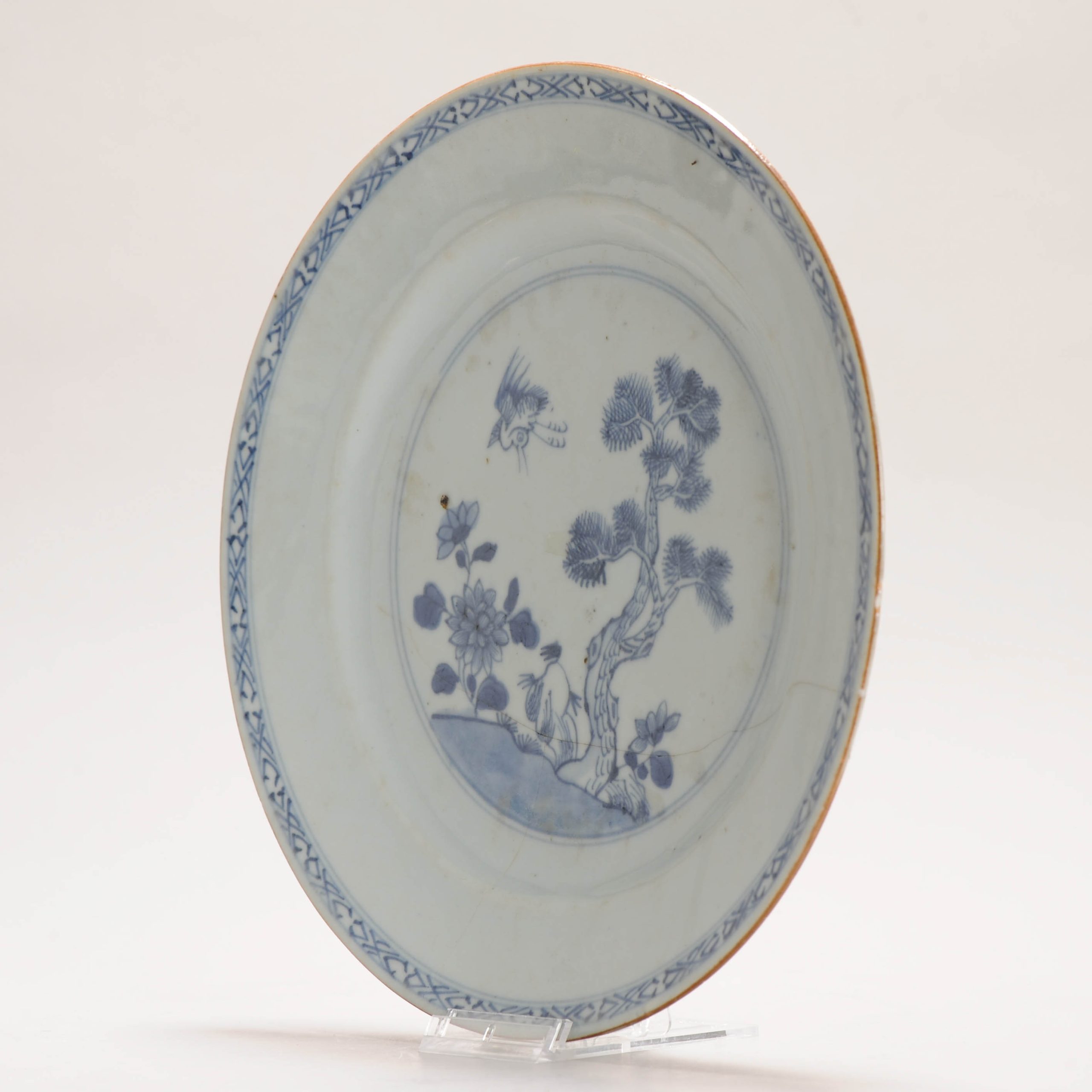 Pair Antique 18C Chinese Porcelain Qianlong Blue And White Crane and Pine Dinner Dishes - Image 13