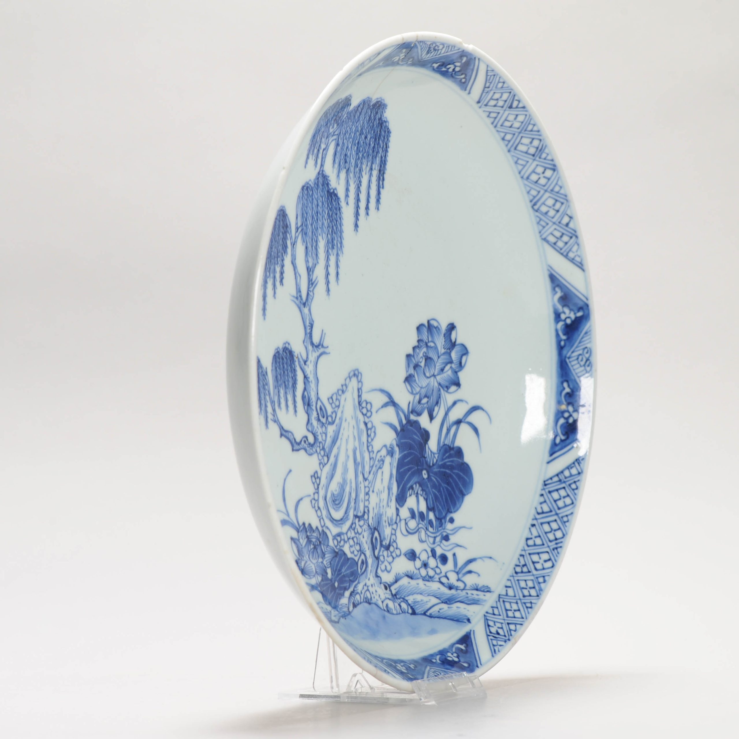 26CM Antique 18C Chinese Porcelain Qianlong Blue And White Plate Willow Tree - Image 5