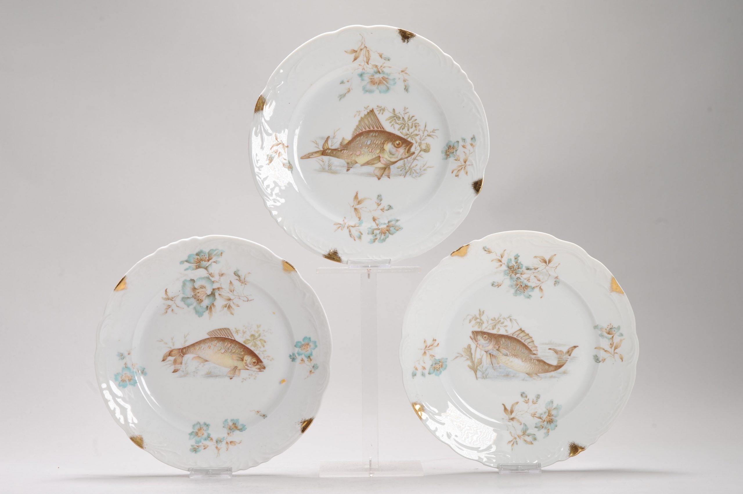 Set of #3 Antique ca 1900 Limoges Porcelain Dinner dishes Fishes