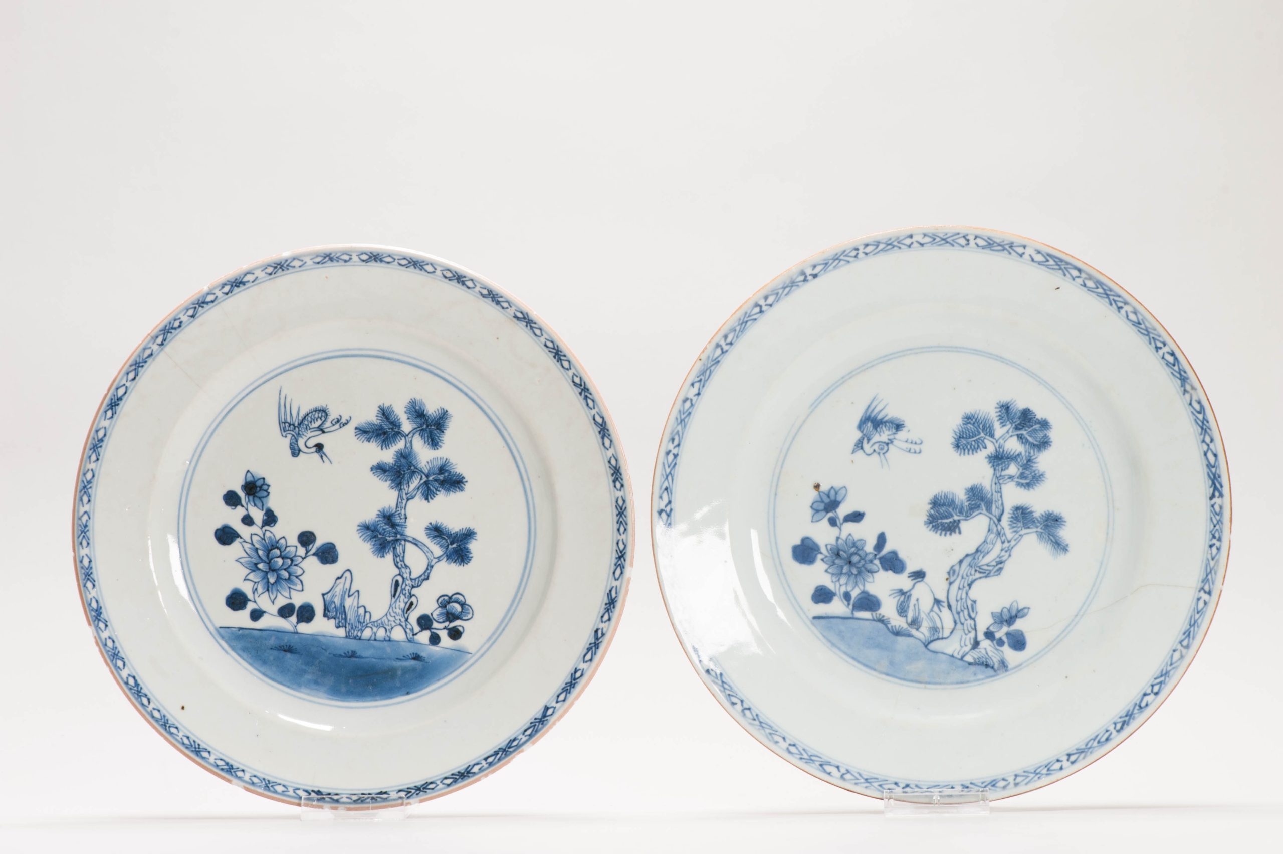 Pair Antique 18C Chinese Porcelain Qianlong Blue And White Crane and Pine Dinner Dishes