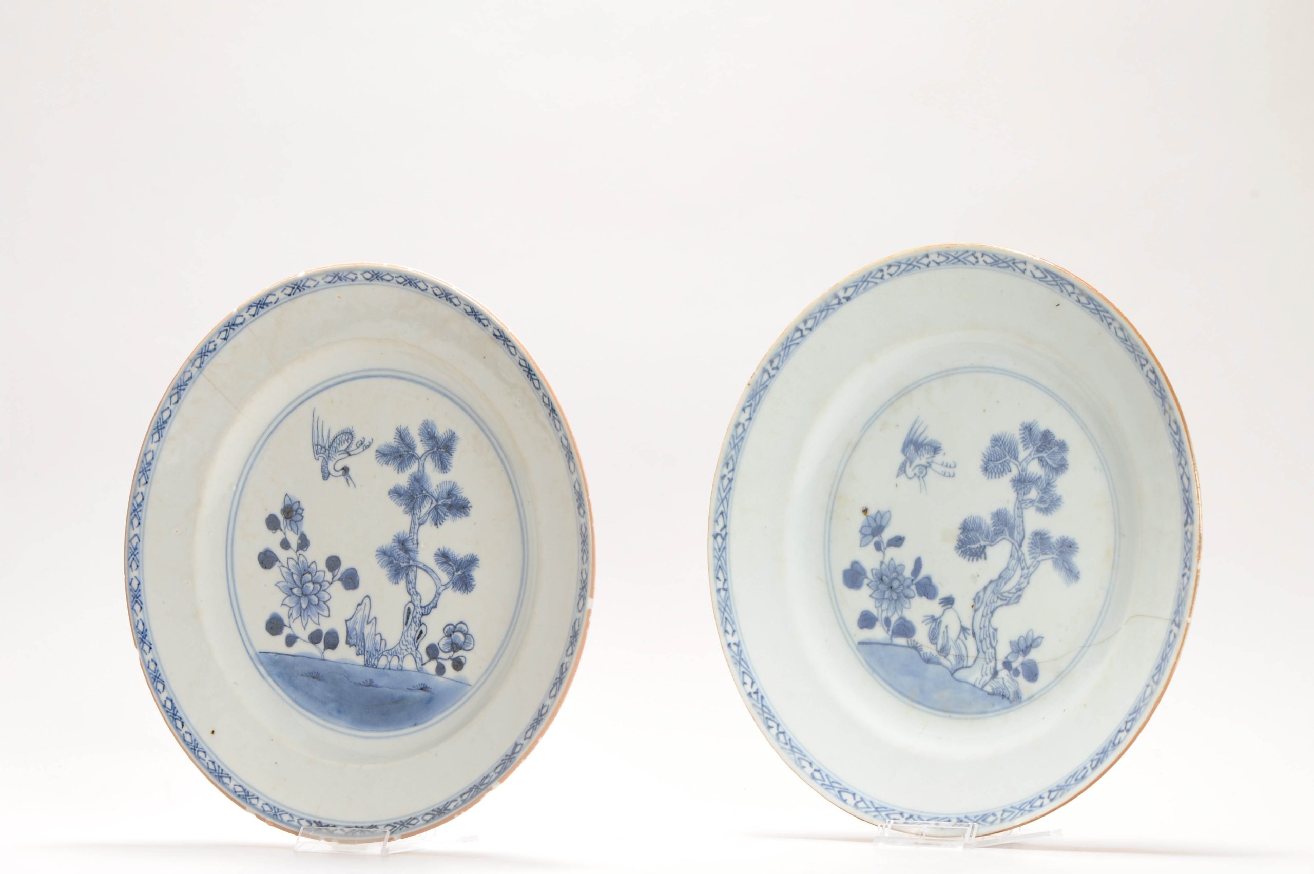 Pair Antique 18C Chinese Porcelain Qianlong Blue And White Crane and Pine Dinner Dishes - Image 12
