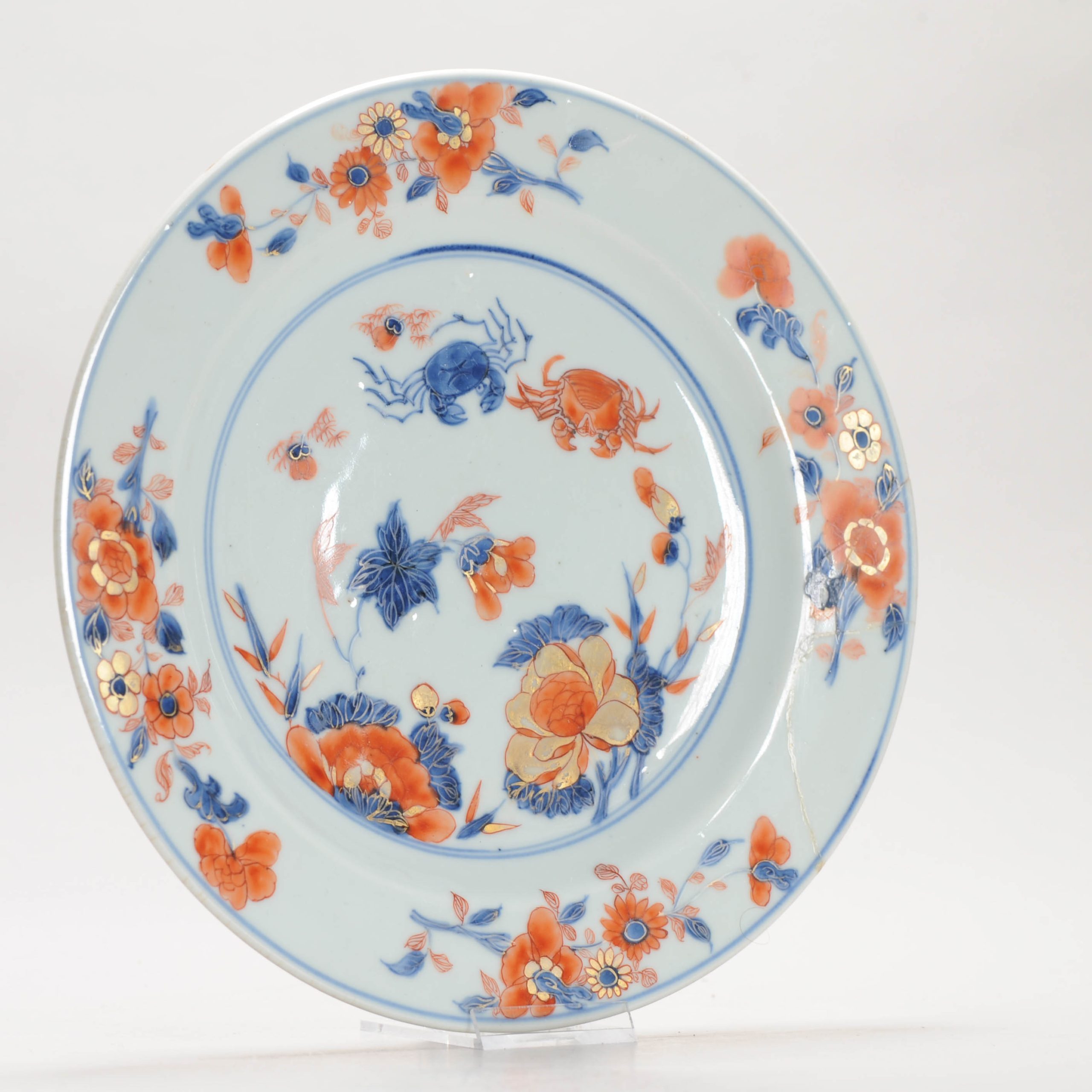 Antique 18C Chinese Porcelain Kangxi/Yongzheng Imari Plate Crabs Flowers