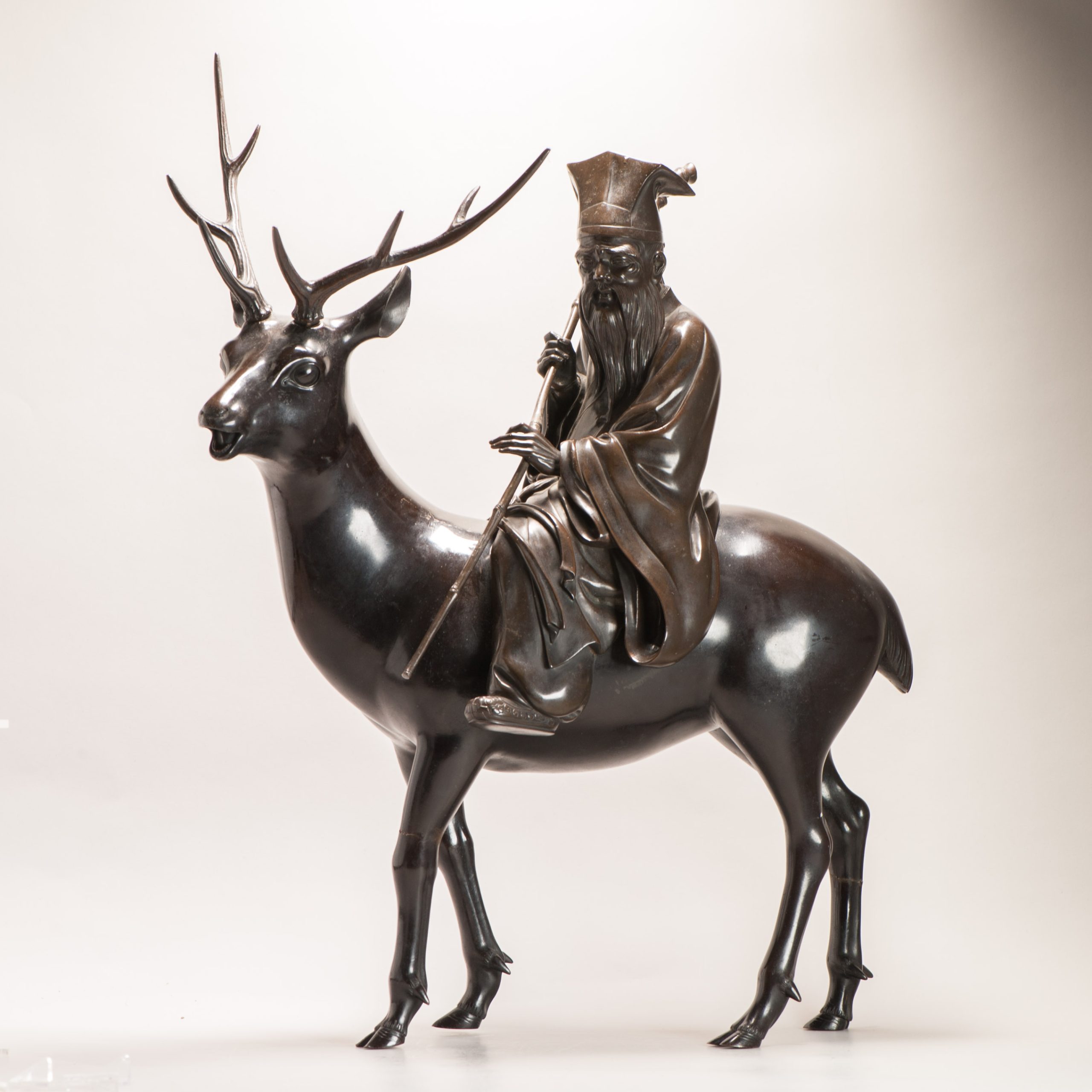 Huge Antique Meiji Japanese Bronze Shou Lao - Jurojin and Deer Incense Burner...