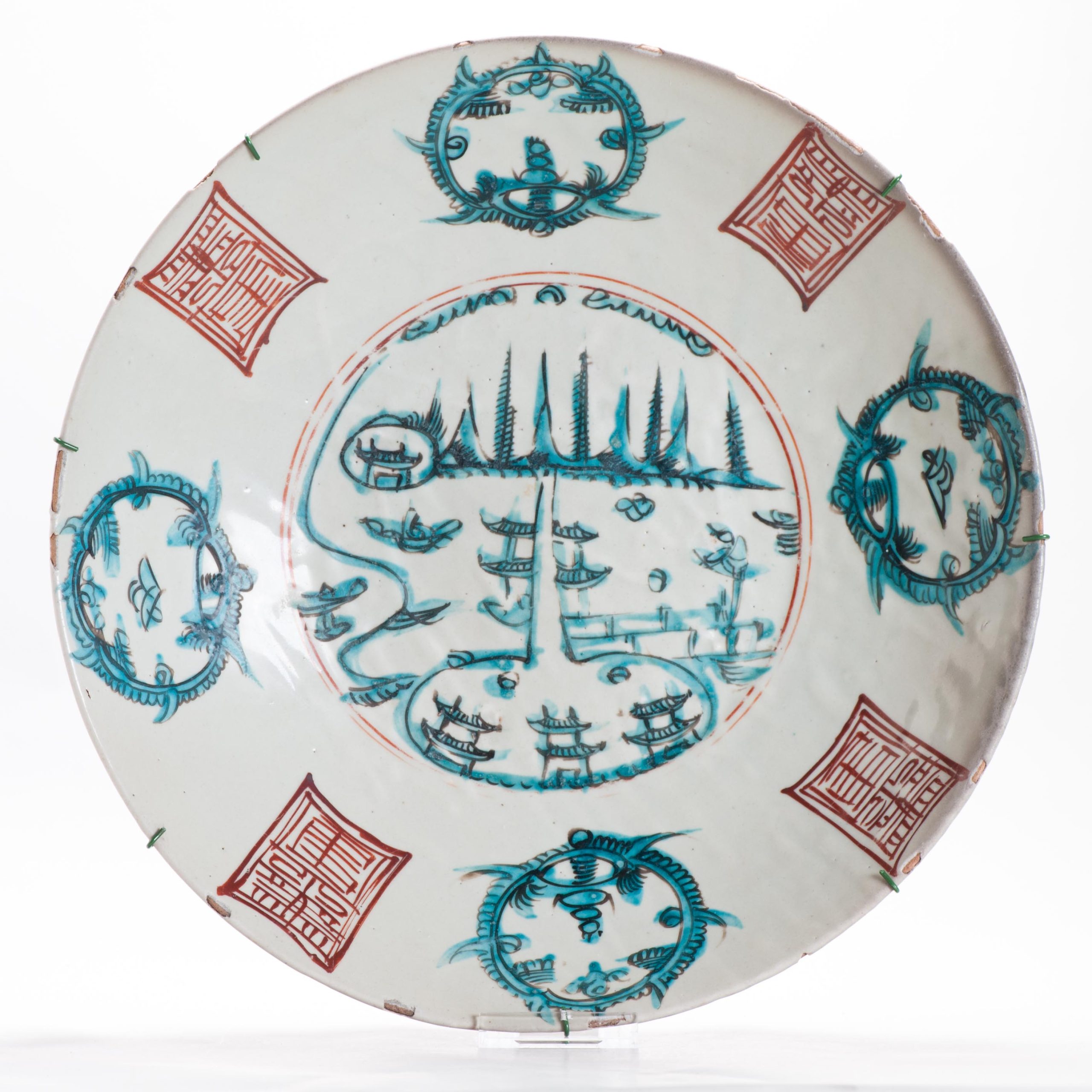 Antique Chinese 16/17C Chinese Porcelain Dish Swatow Landscape Split Pagoda Enamel