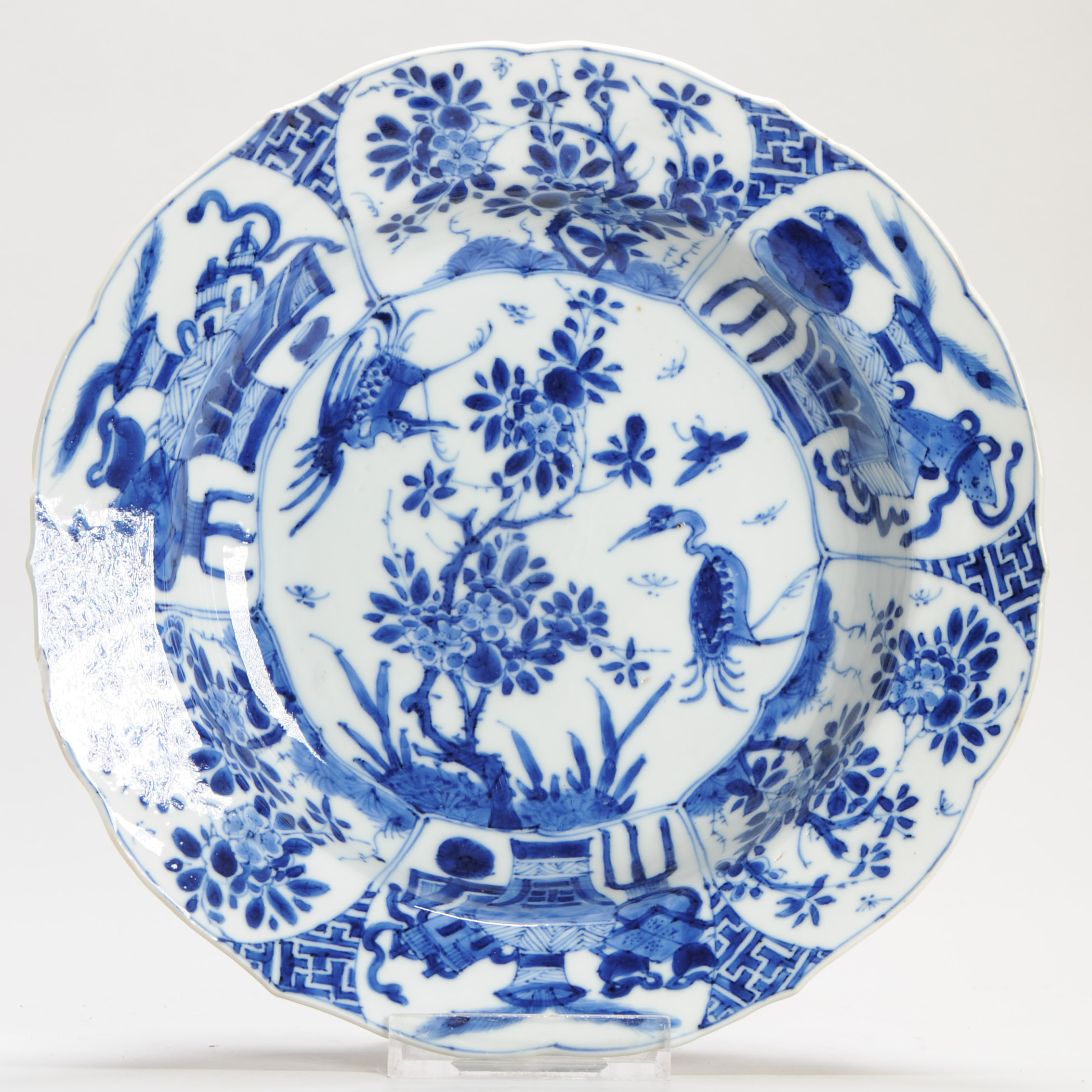 Antique 1700 Chinese Kangxi Period Porcelain Deep Dish Plate Marked Base