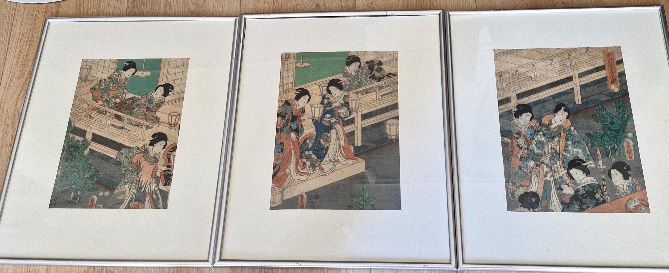 Antique Edo Period 19th c Woodblock Print – Kunisada Triptych The Little Princess Visits the Shrine
