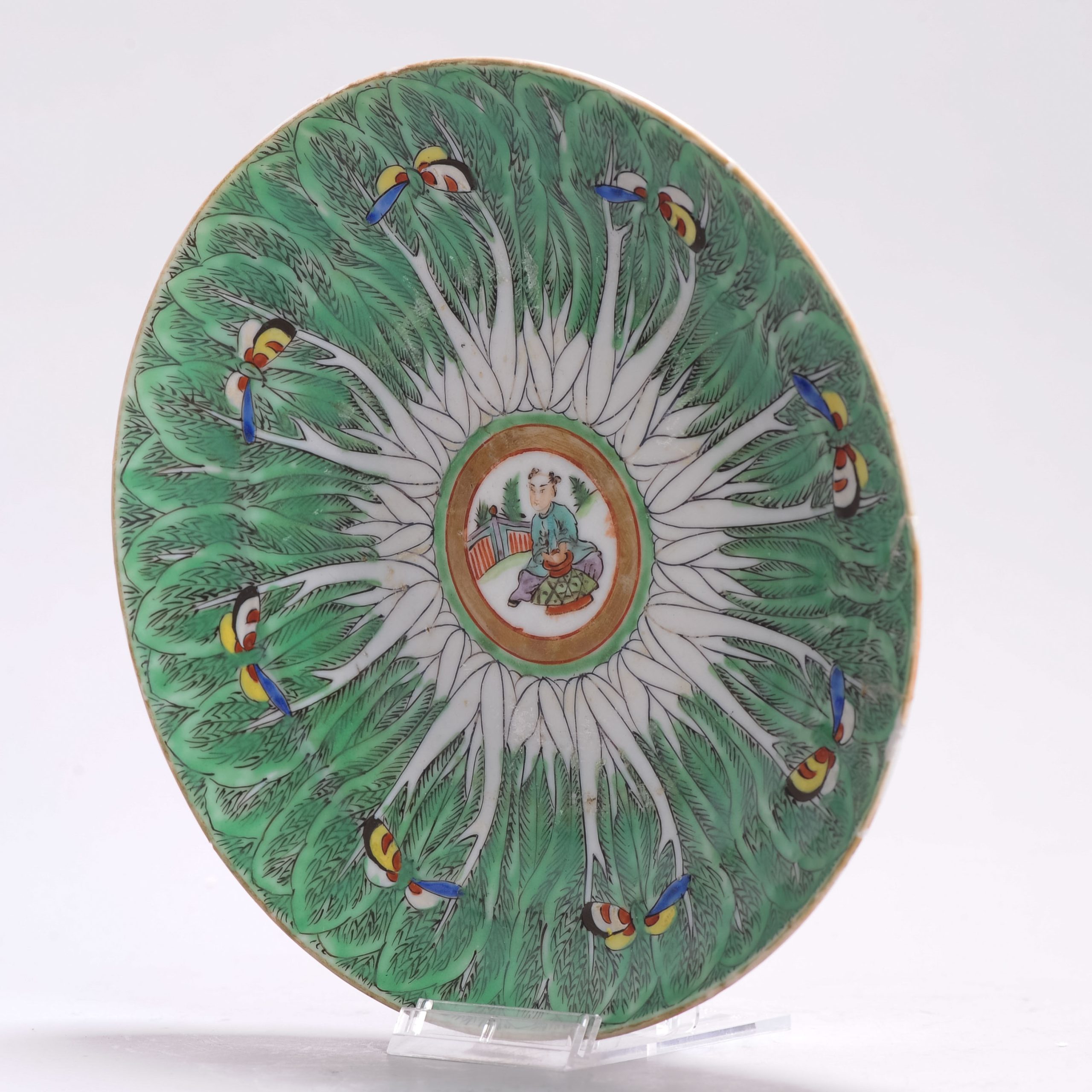 Antique 19C Chinese export Porcelain Cantonese Cabbage Leaf Figural Plate - Image 12