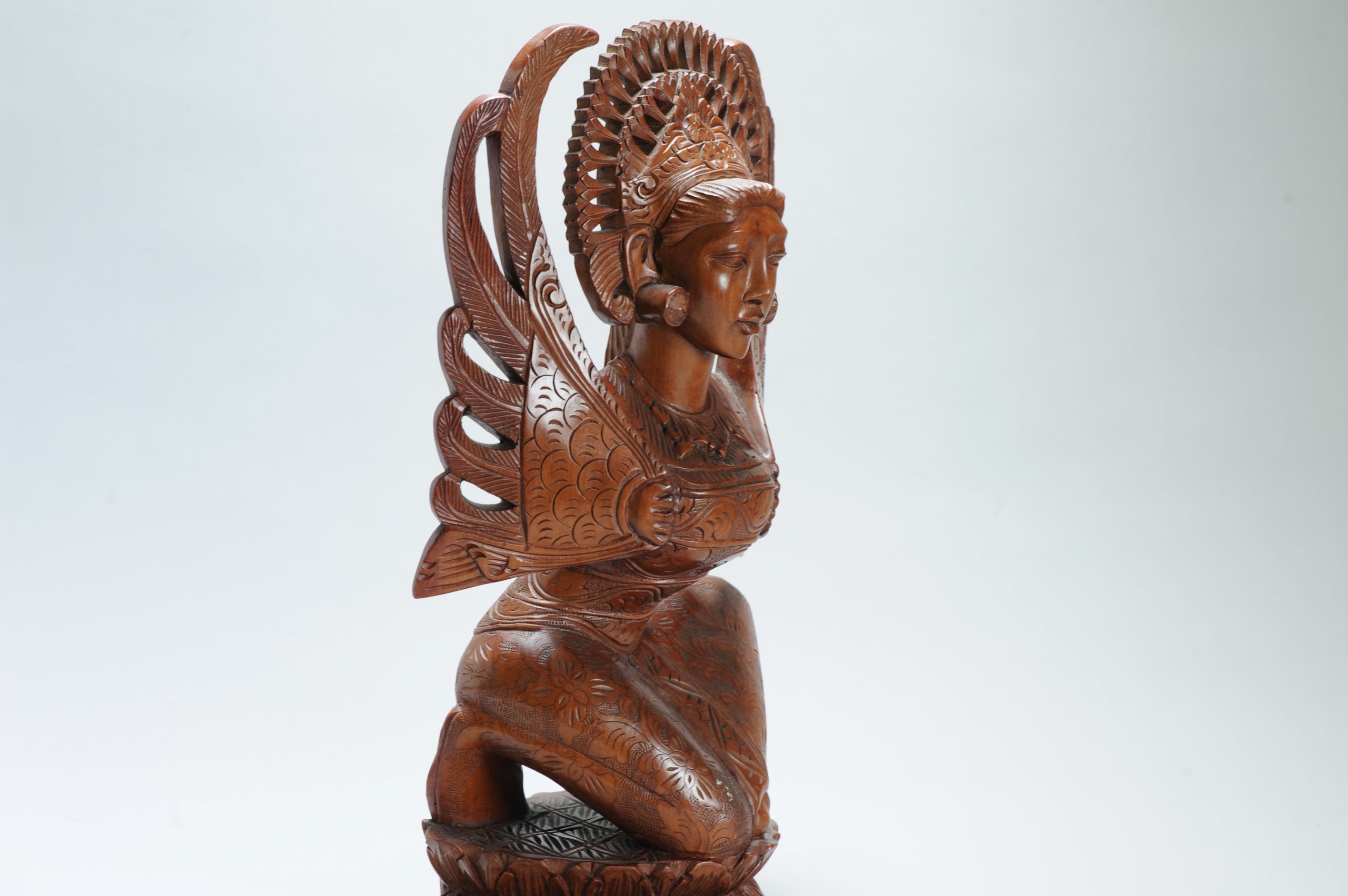 Mid 20th C Art Deco Balinese Indonesia Wood Carved Women Lady Statue Bali