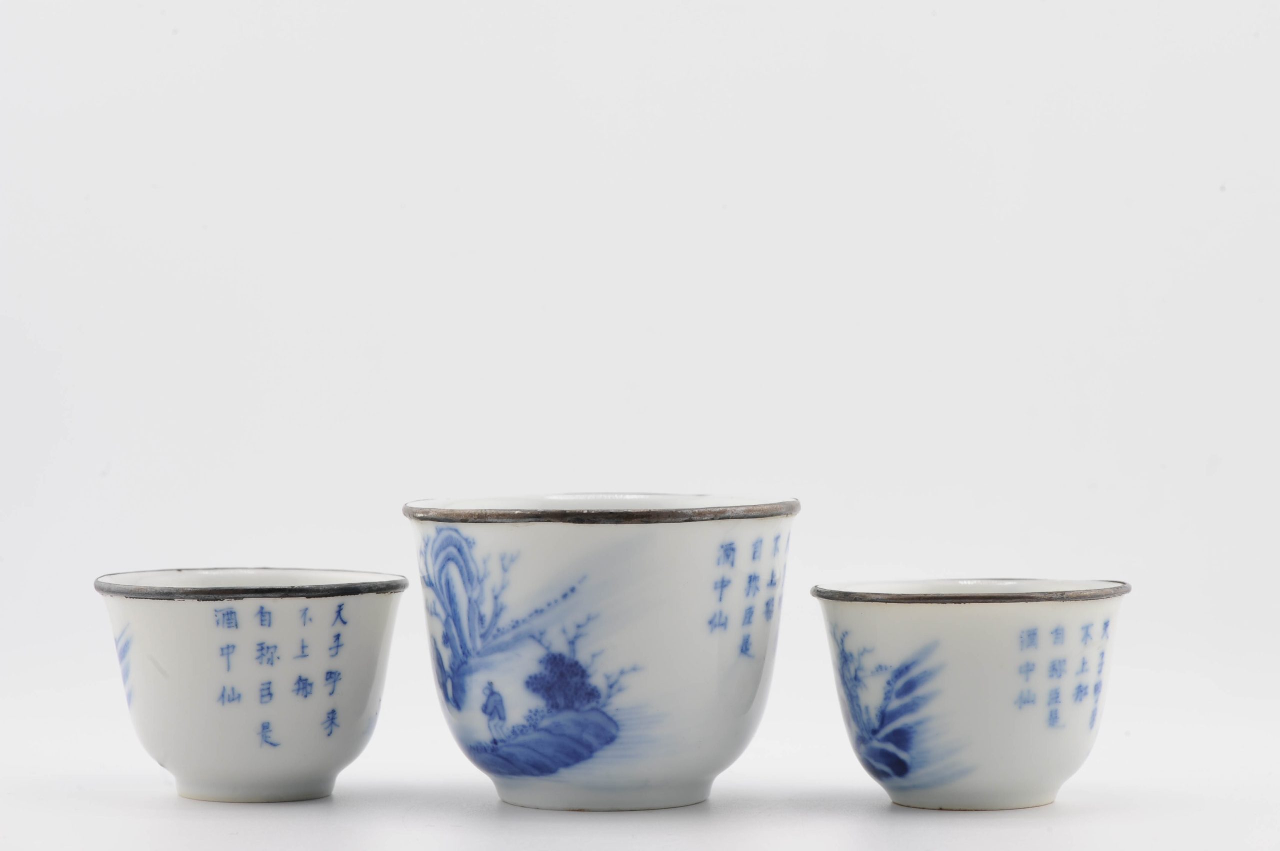#3 Antique Chinese Porcelain 19C Bleu de Hue Wine Cup Bowl Figural Marked - Image 7