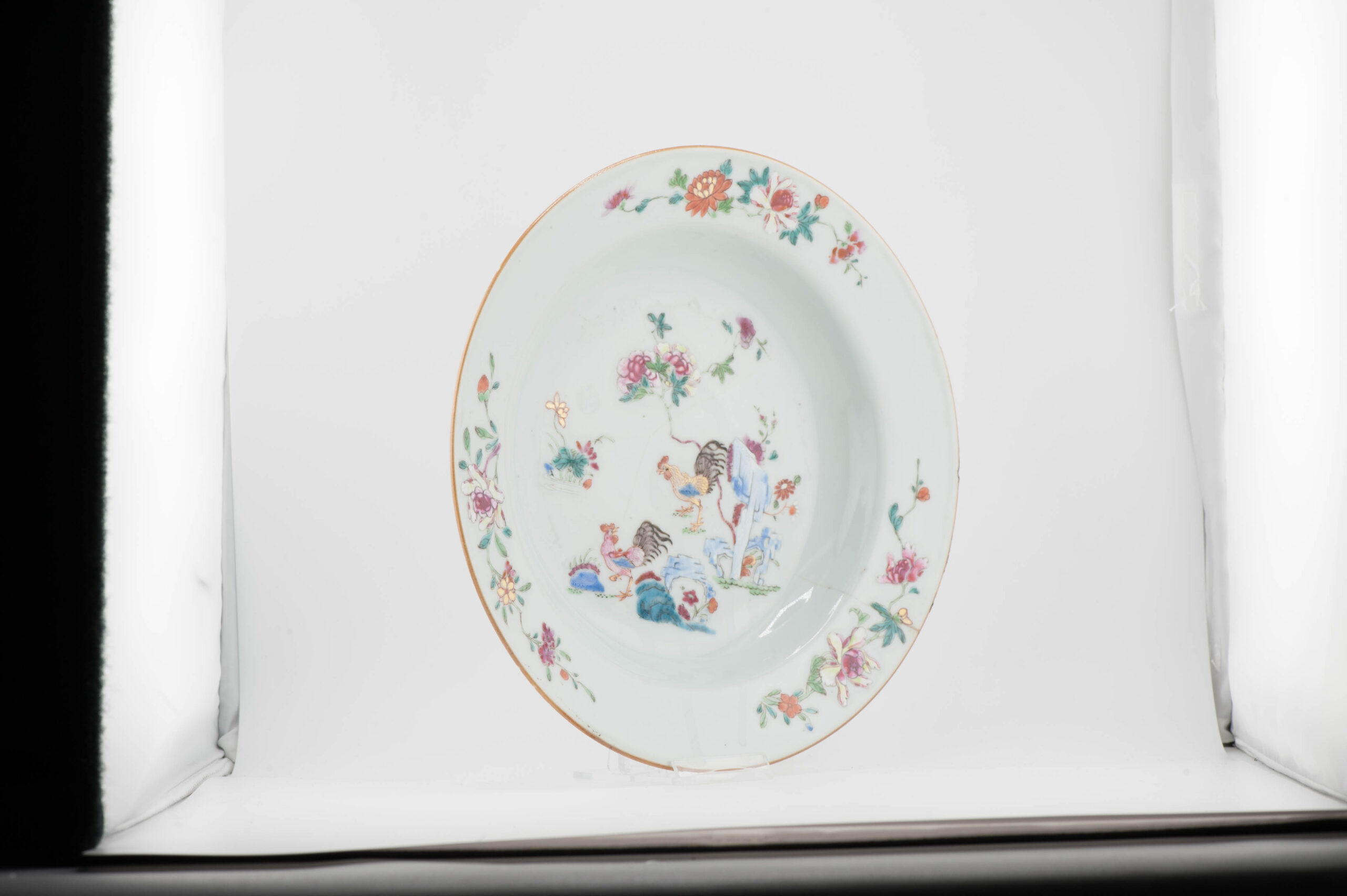 18C Qianlong period Chinese Porcelain Plate Roosters Rose Landscape Flowers - Image 5