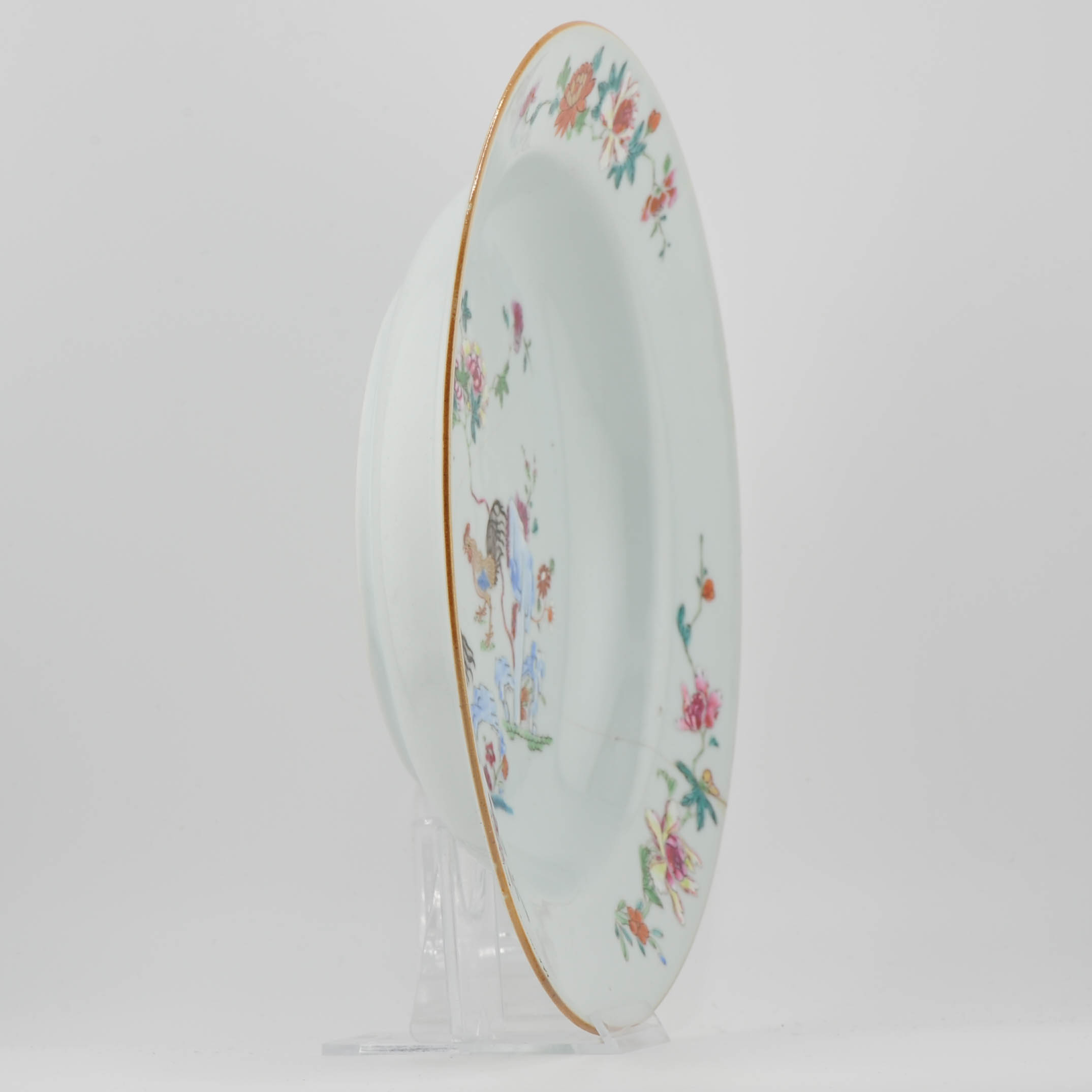 18C Qianlong period Chinese Porcelain Plate Roosters Rose Landscape Flowers - Image 4