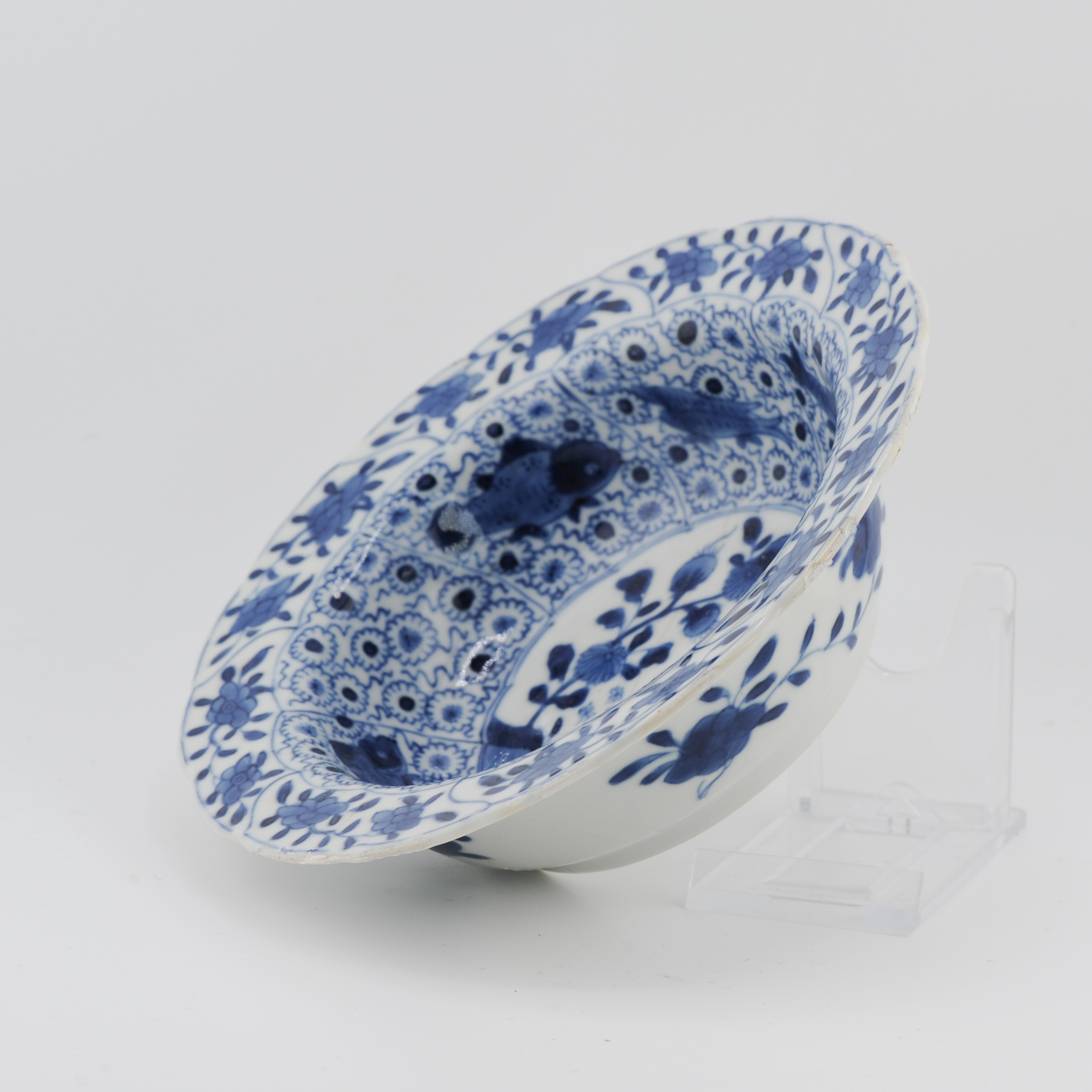 Ca 1700 Kangxi Period Klapmuts Bowl Blue White Rare Fishes Flowers Marked - 图片 5
