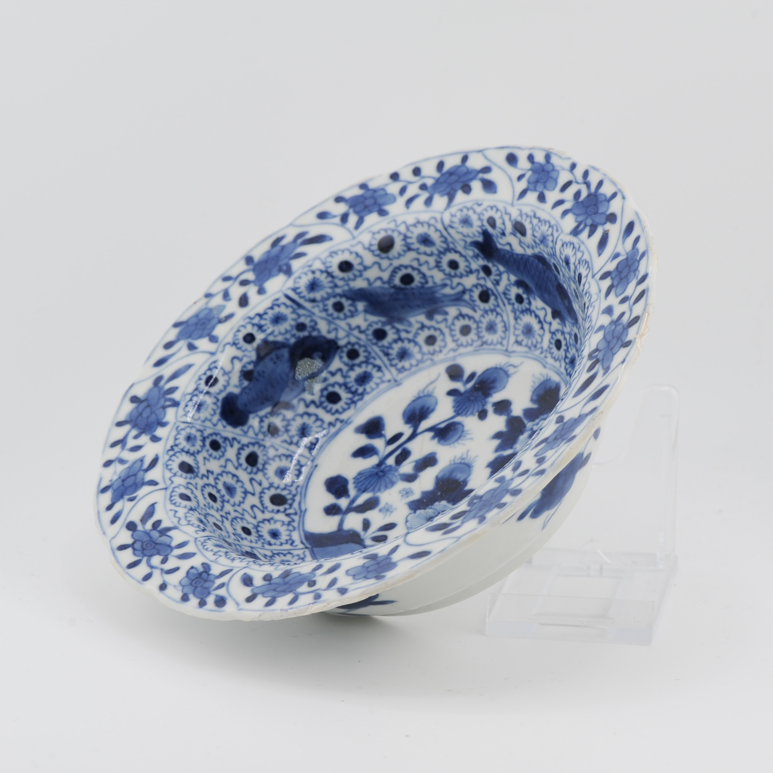 Ca 1700 Kangxi Period Klapmuts Bowl Blue White Rare Fishes Flowers Marked - 图片 6