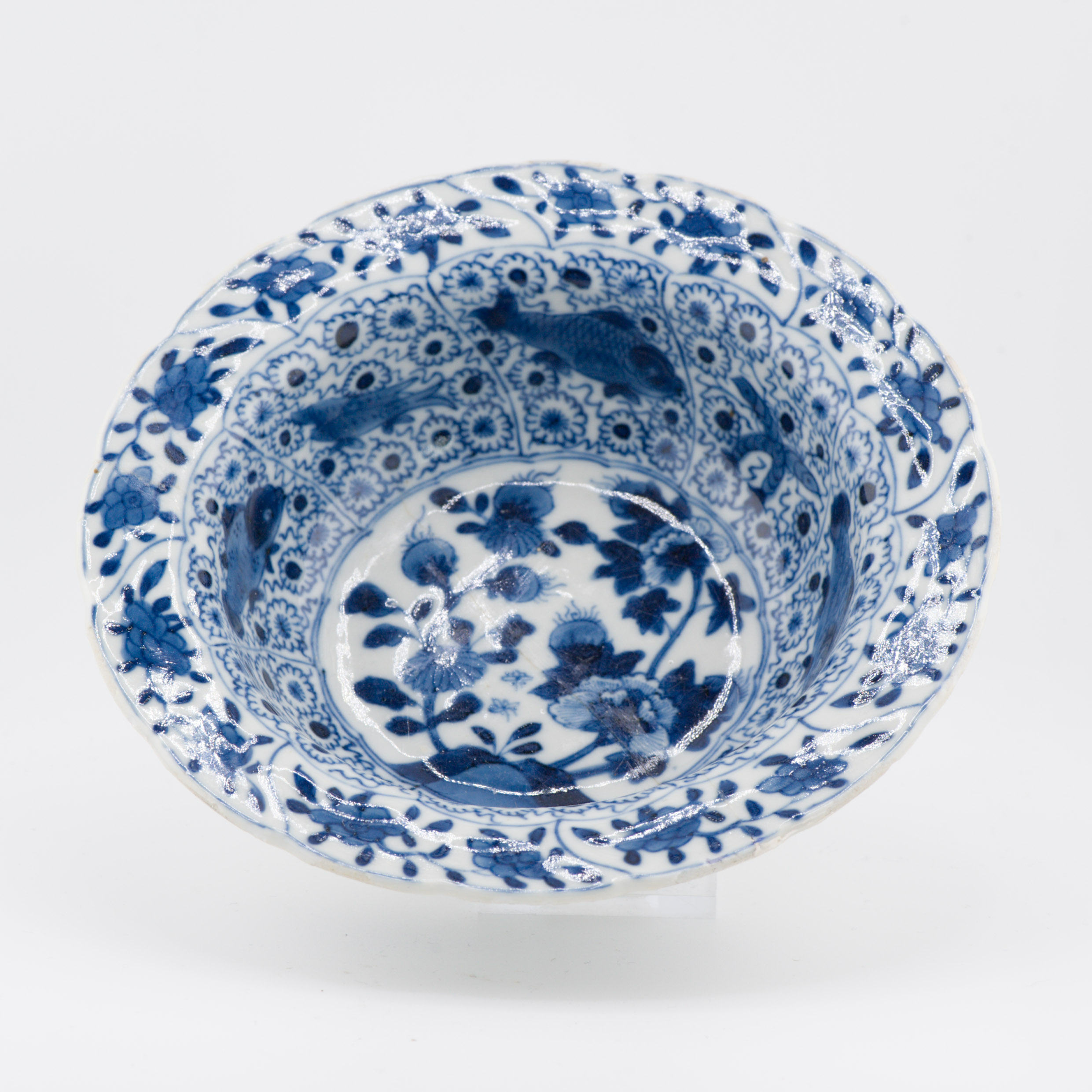 Ca 1700 Kangxi Period Klapmuts Bowl Blue White Rare Fishes Flowers Marked - 图片 7