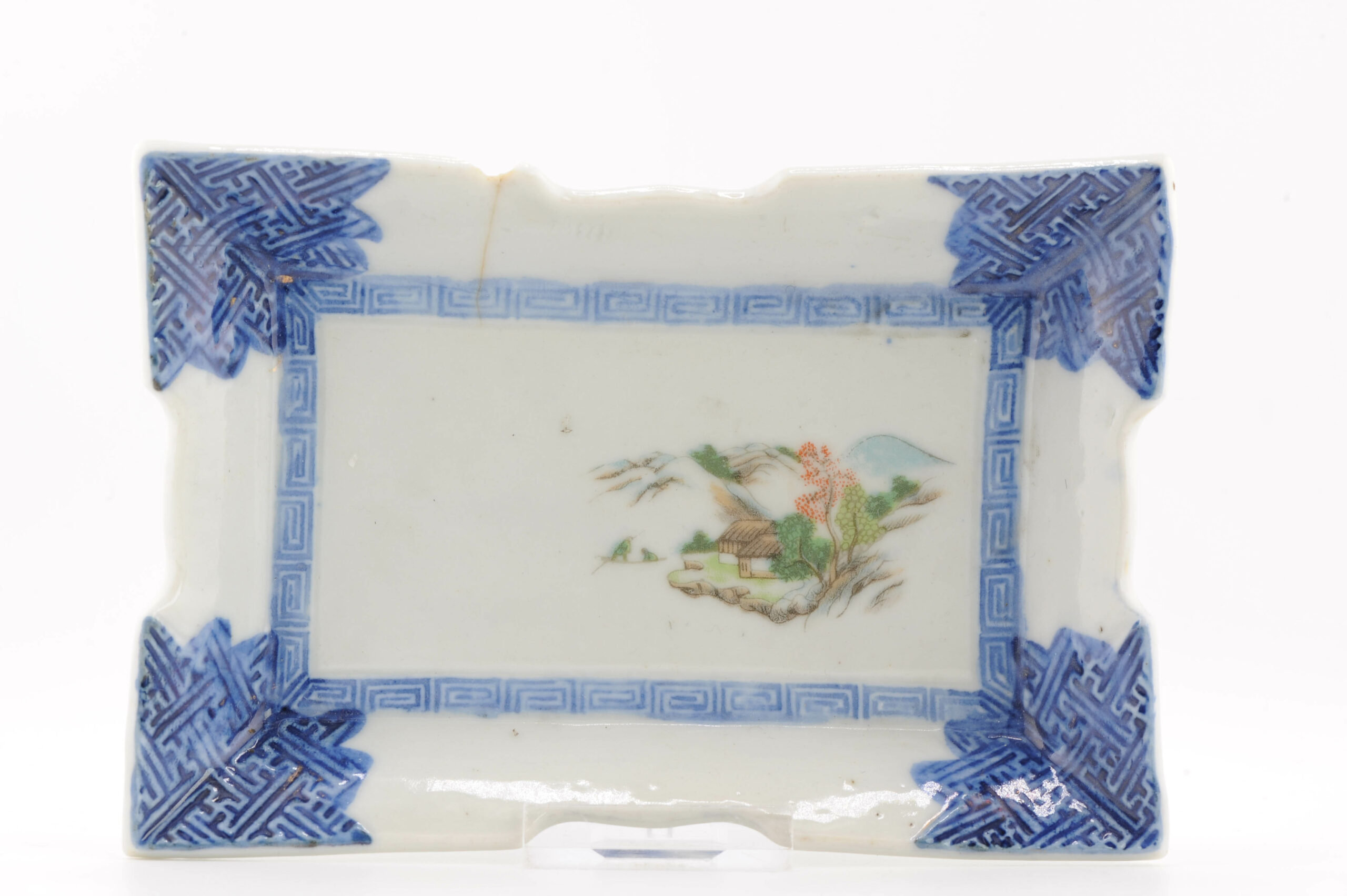 Antique Japanese Porcelain 19th c Meiji Arita Boat shaped Blue and white Dish with green