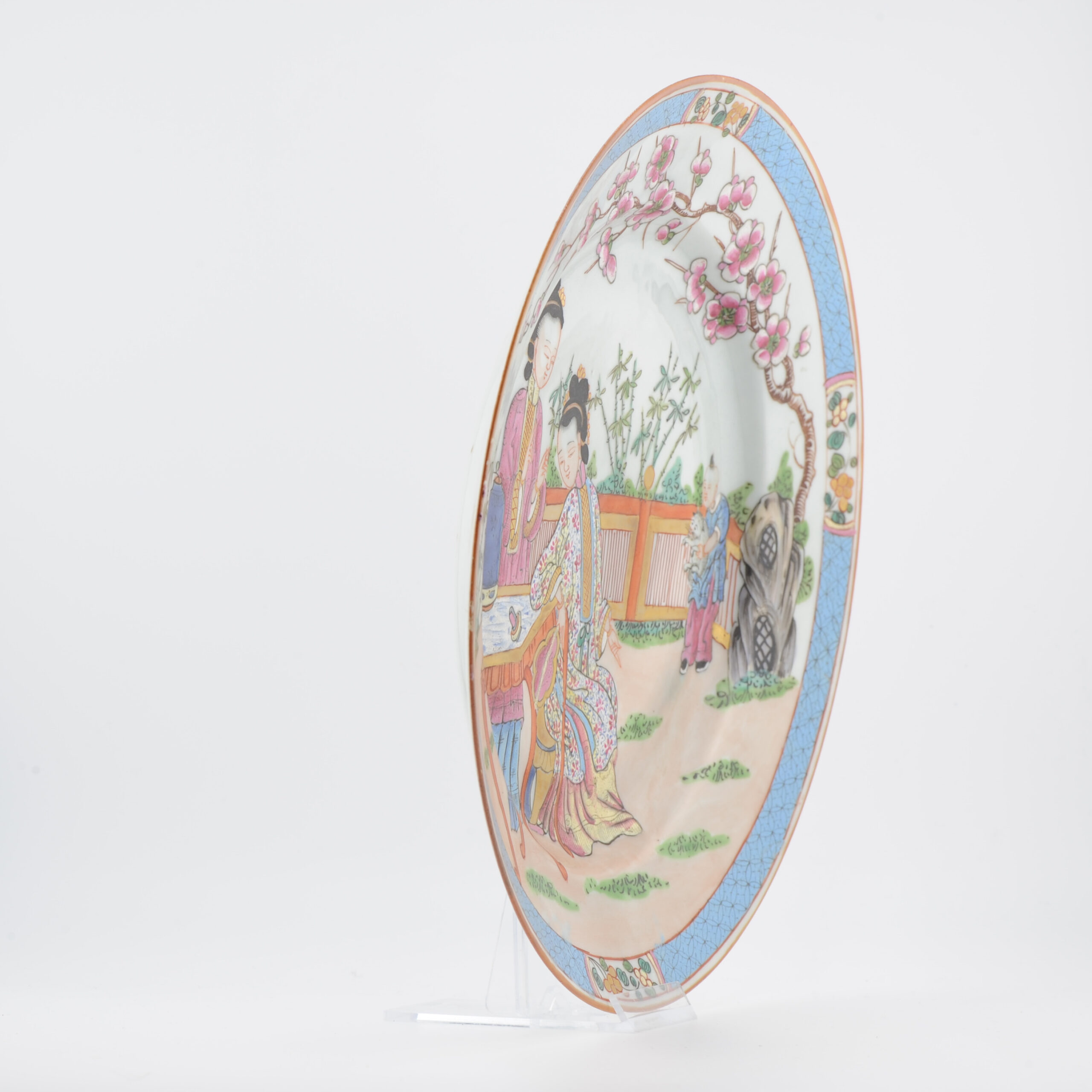 Antique 19C French Edme Samson Porcelain Famille Rose dish with Cat and LAdies - Image 6