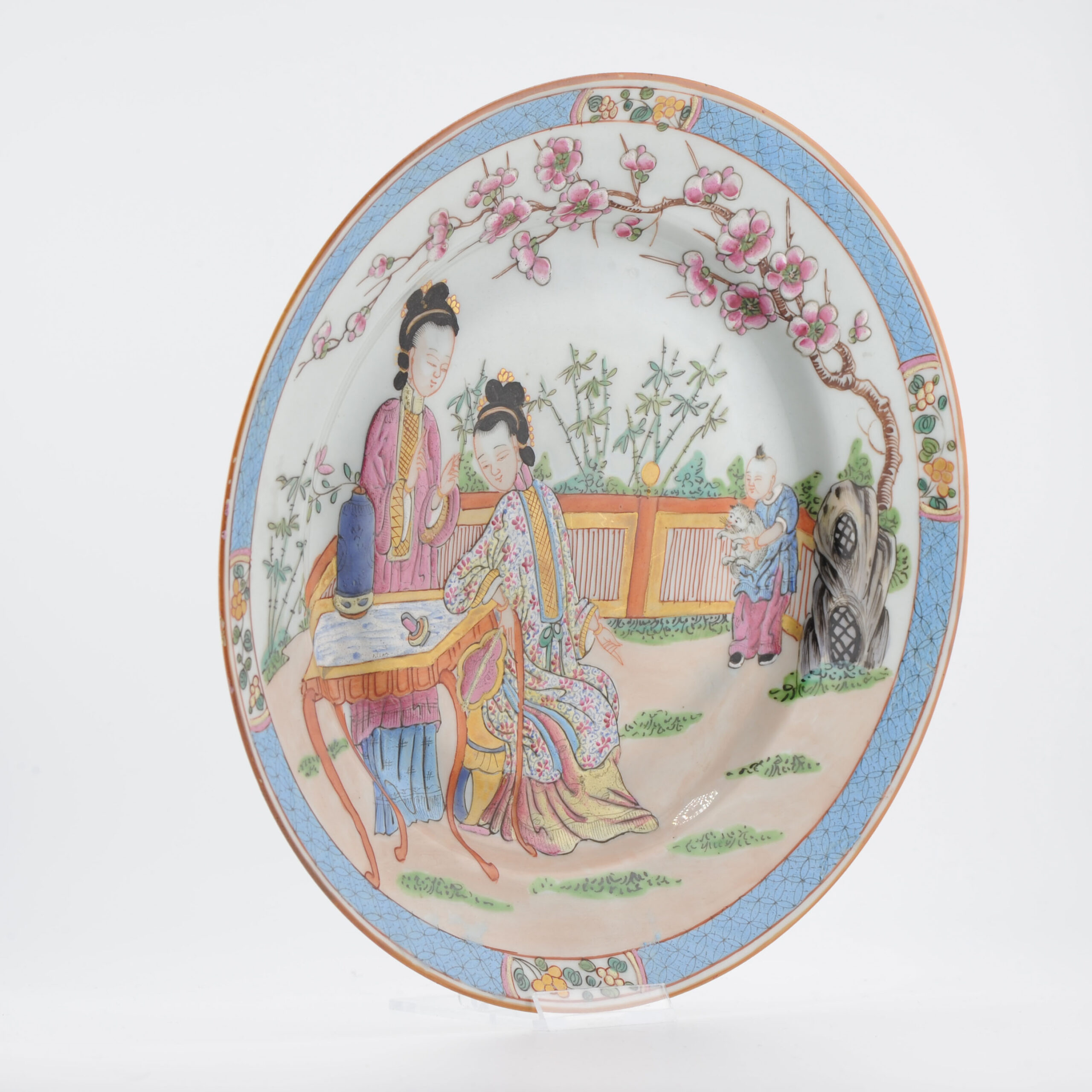Antique 19C French Edme Samson Porcelain Famille Rose dish with Cat and LAdies - Image 7