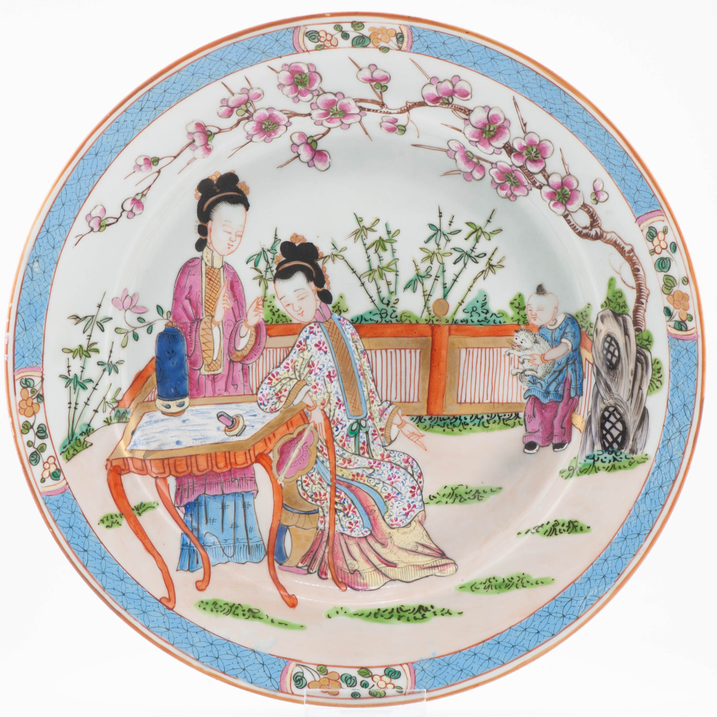 Antique 19C French Edme Samson Porcelain Famille Rose dish with Cat and LAdies - Image 9