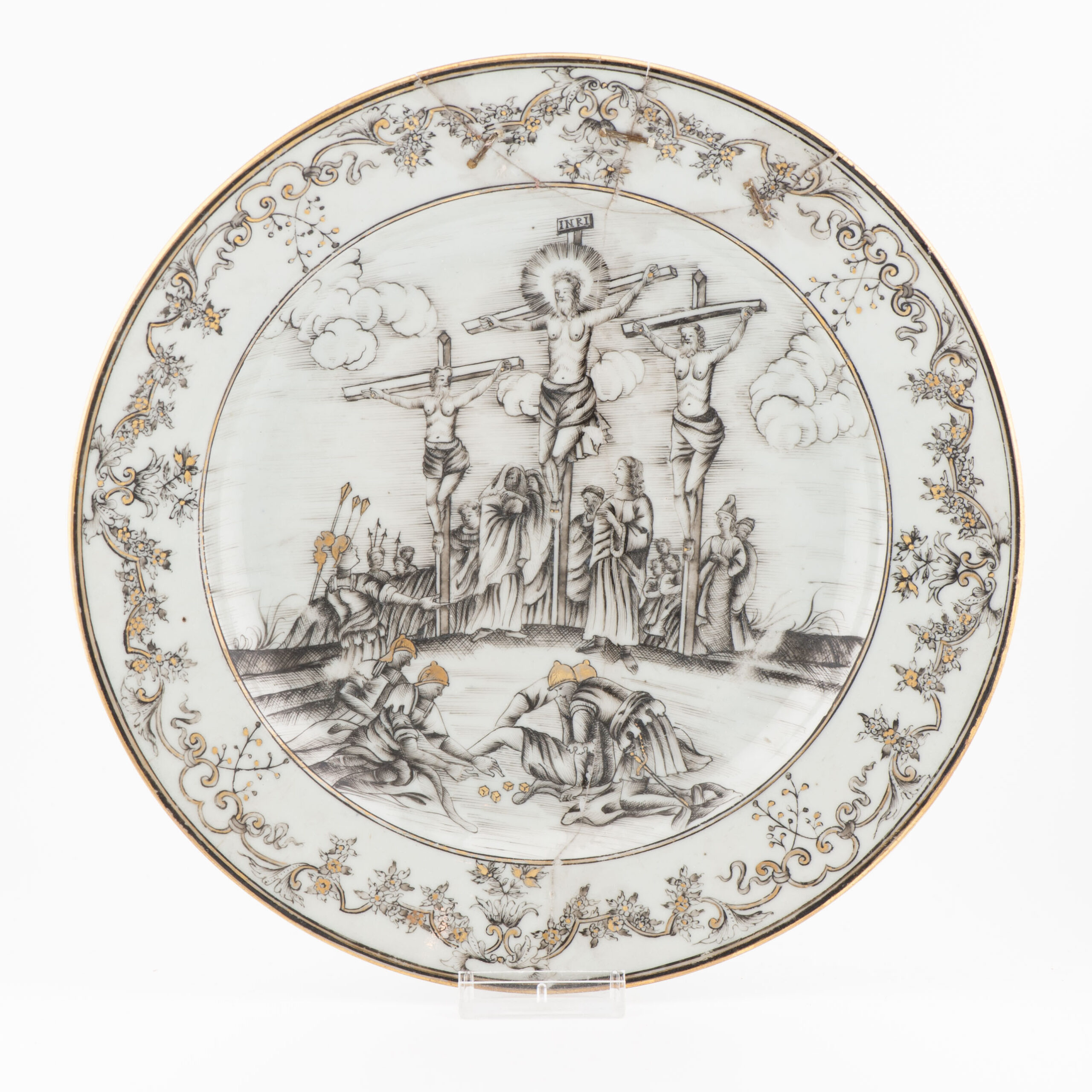 Antique ca 1745 Chinese Porcelain Dish Encre de Chine THE CRUCIFIXION