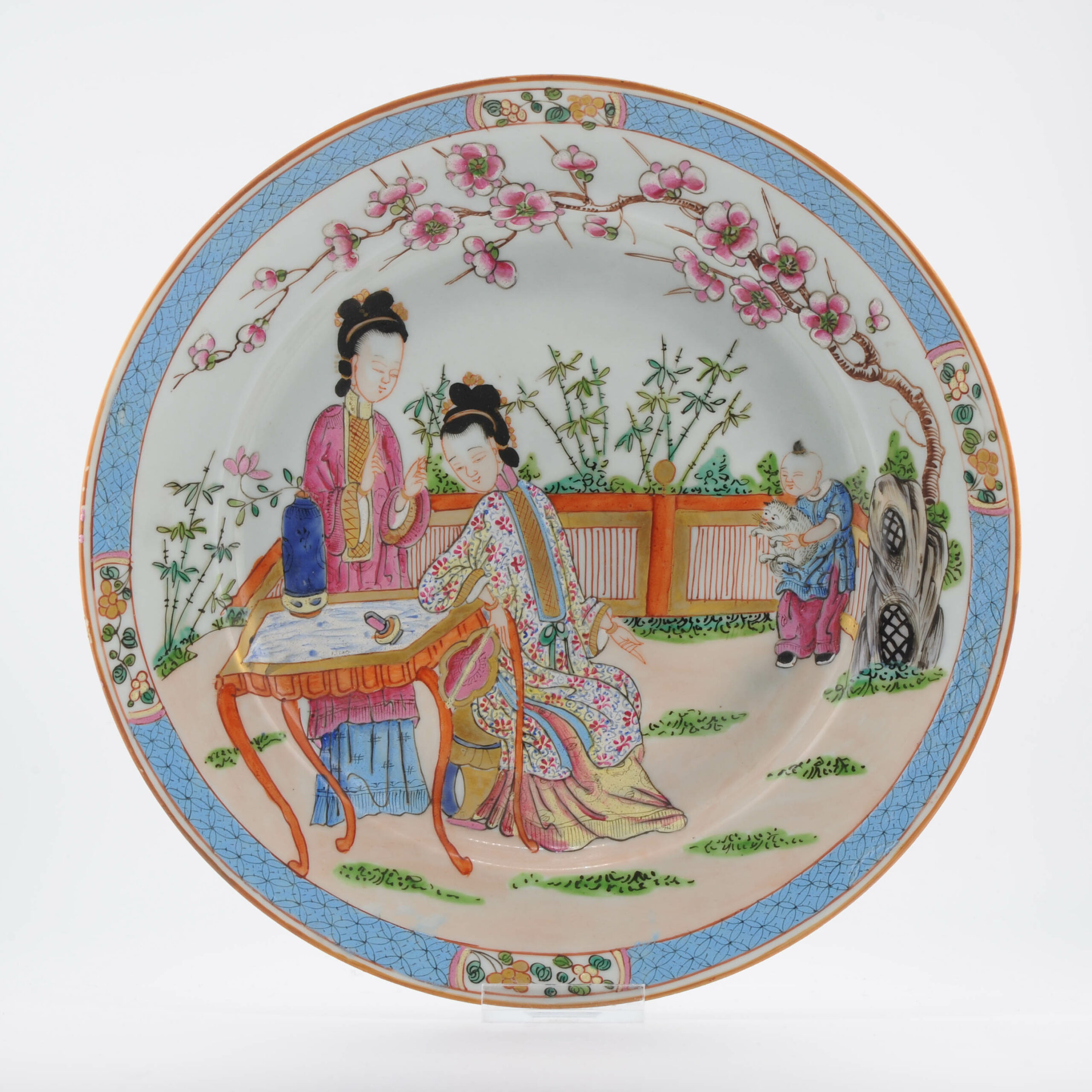 Antique 19C French Edme Samson Porcelain Famille Rose dish with Cat and LAdies - Image 8