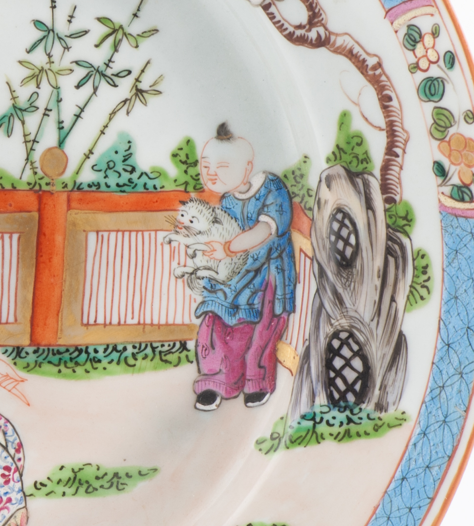 Antique 19C French Edme Samson Porcelain Famille Rose dish with Cat and LAdies - Image 10