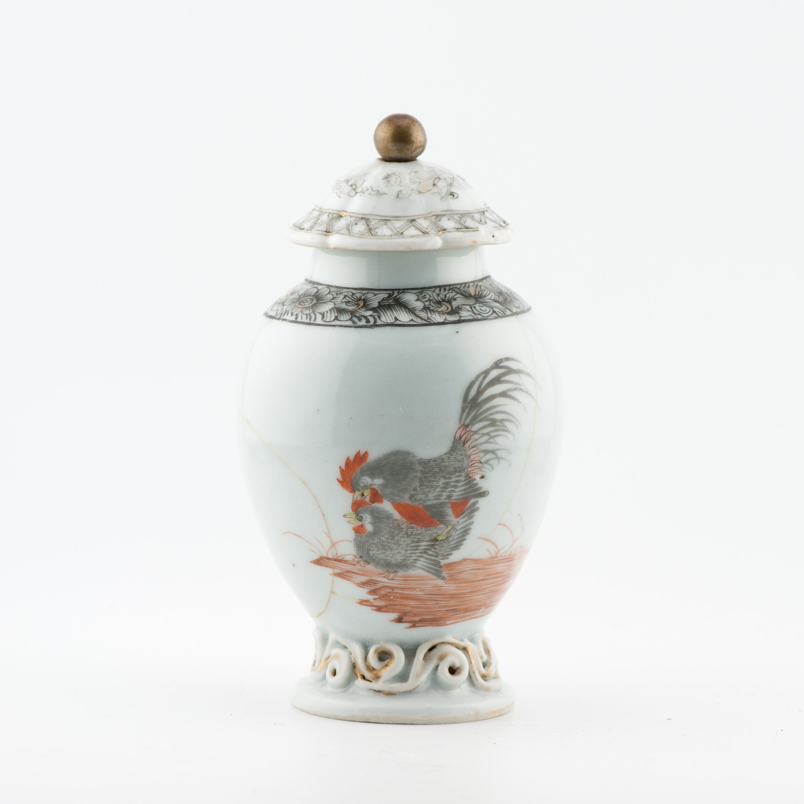 Rare Antique 18C Chinese Porcelain Erotic Rooster Encre de Chine Yongzheng / Qianlong Tea Caddy