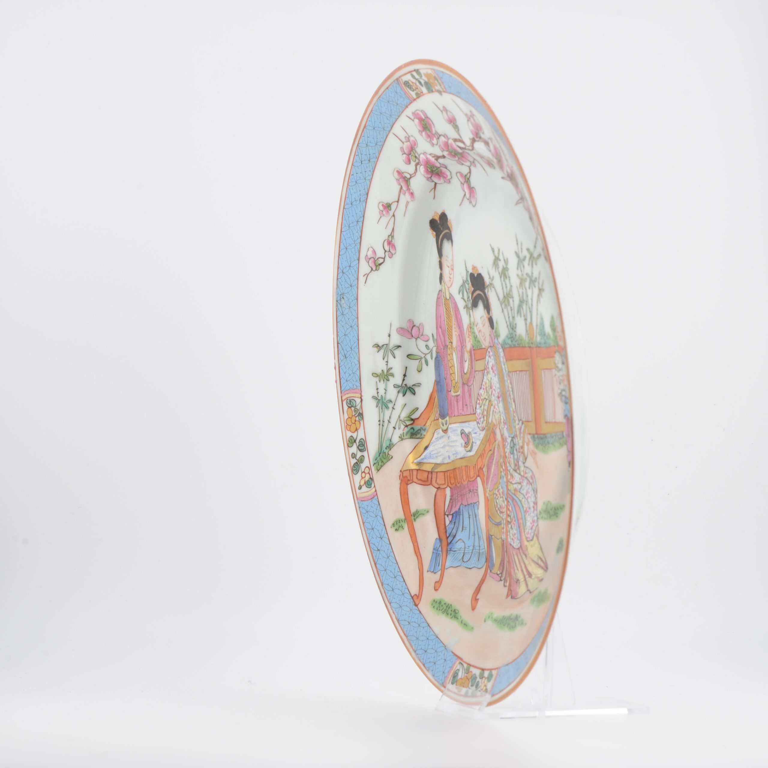 Antique 19C French Edme Samson Porcelain Famille Rose dish with Cat and LAdies - Image 2