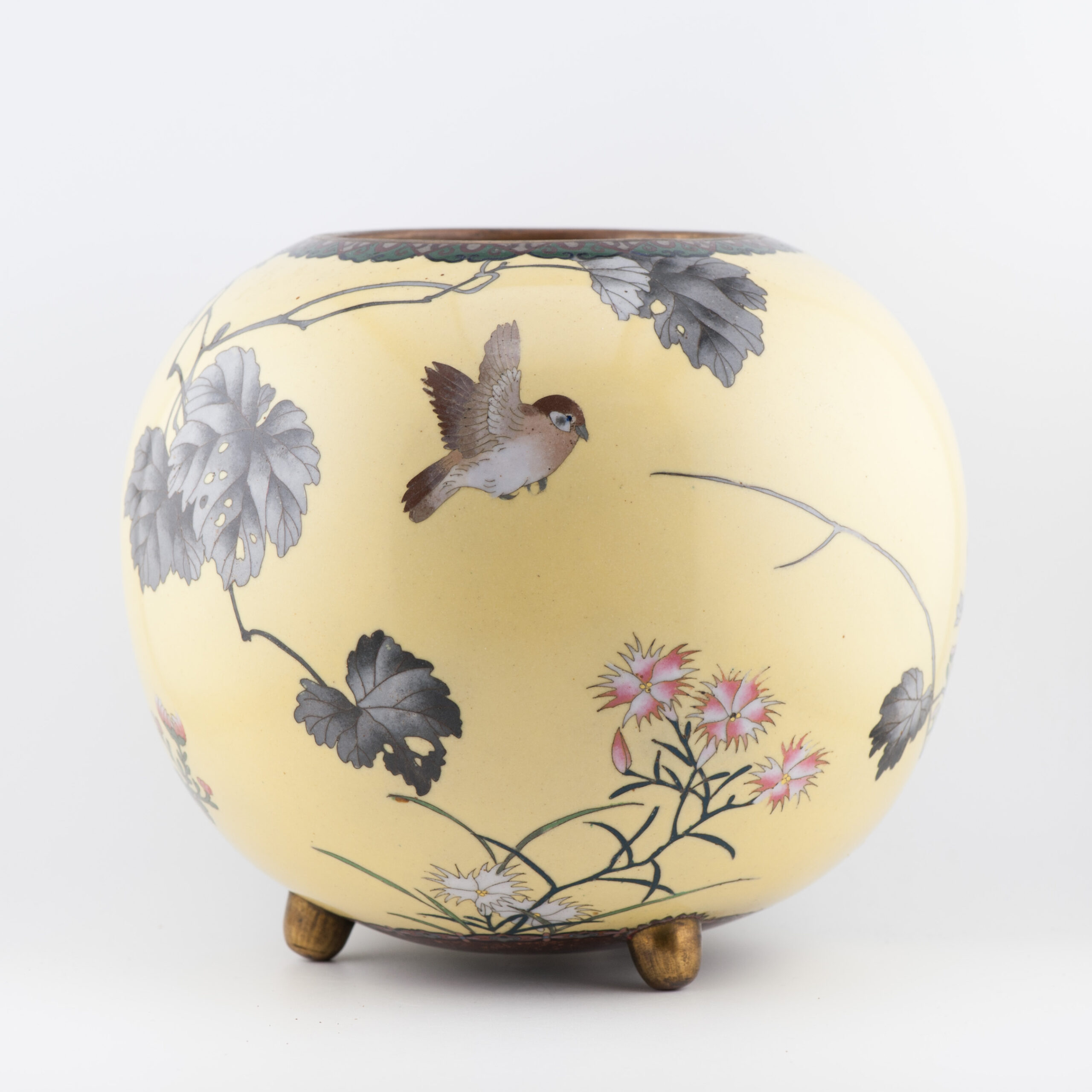 Top Quality large Yellow ground Incense burner with flowers and birds cloisonné enamel Meiji era (1868-1912)