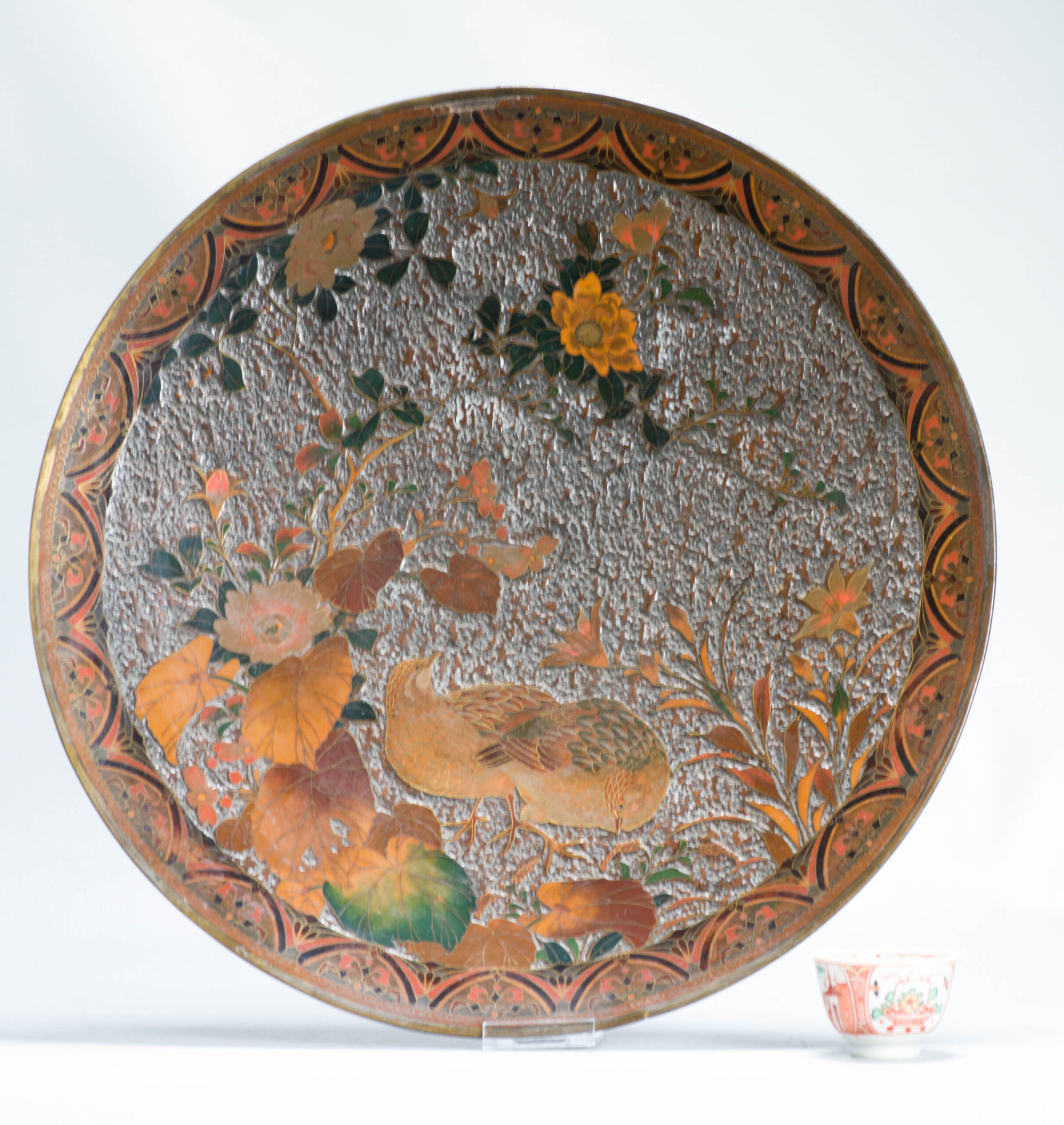 Large 19c Antique Meiji Period Japanese Wall dish with Quails Bronze Flowers Cloisonne