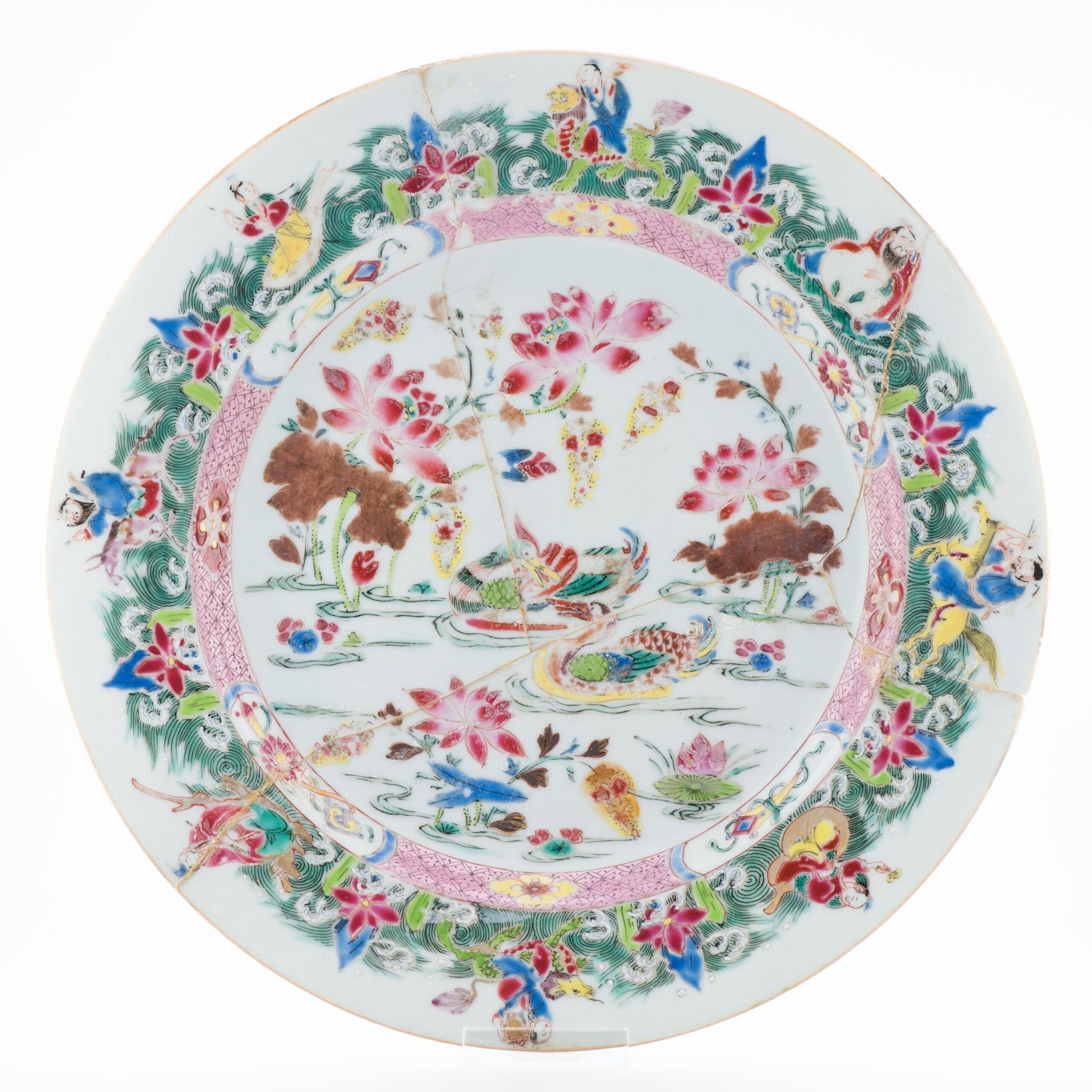 Antique Chinese Porcelain Plate Immortals and Ducks Fencai Yonzheng Porcelain