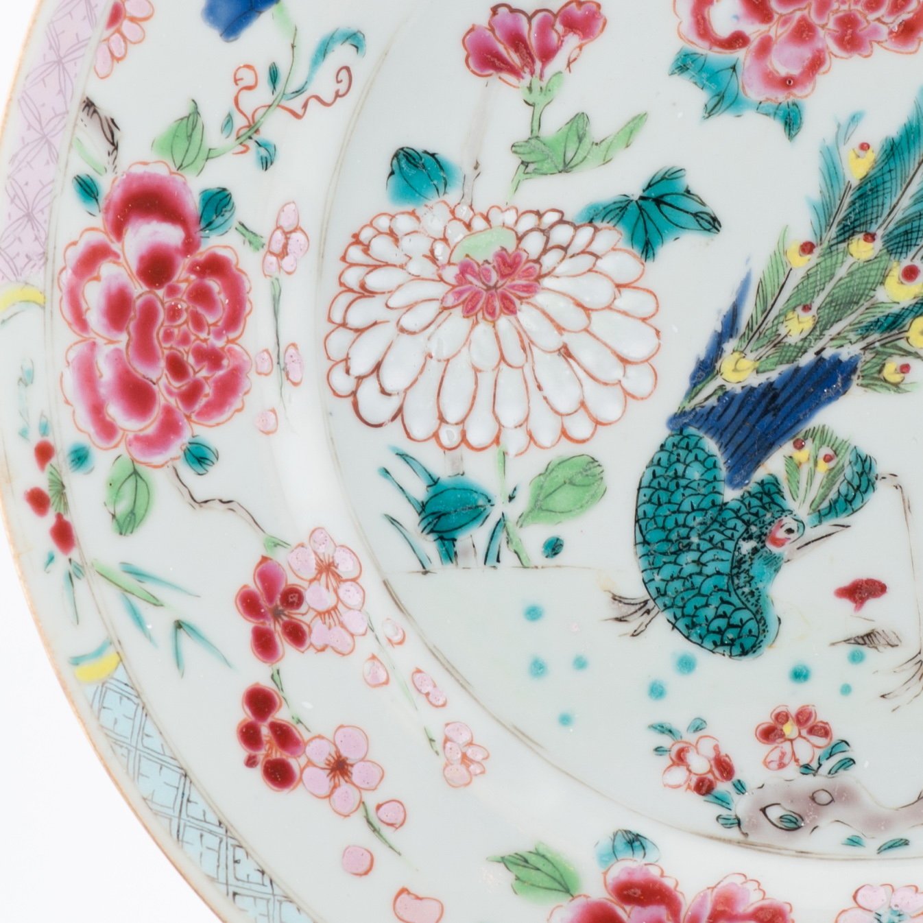 Large Antique Chinese Porcelain Plate Dish Peacock Fencai Yonzheng Porcelain - Image 2