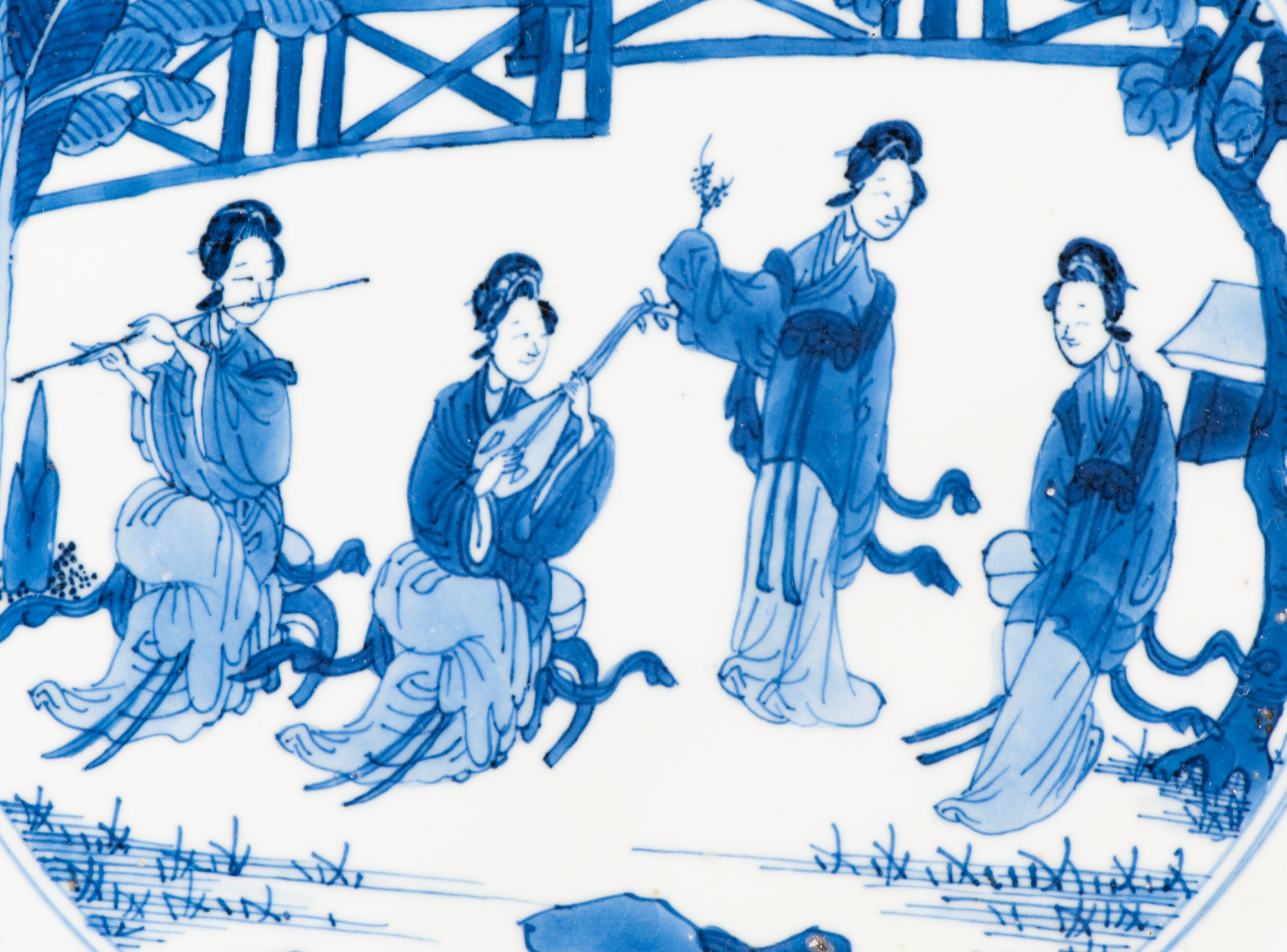 Antique Kangxi Period Chinese Porcelain Dish Music Playing Long Lizas Marked - Image 7