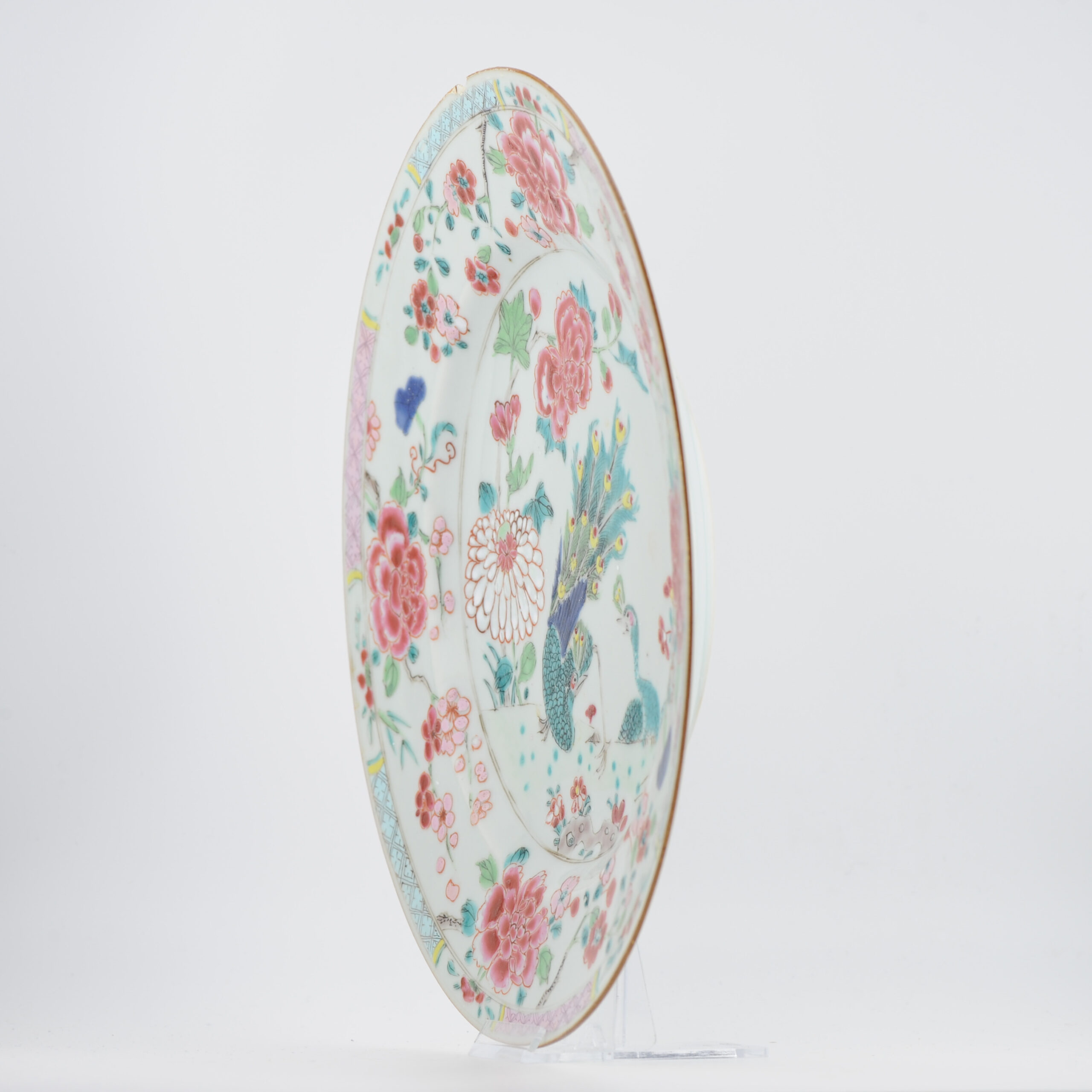 Large Antique Chinese Porcelain Plate Dish Peacock Fencai Yonzheng Porcelain - Image 14